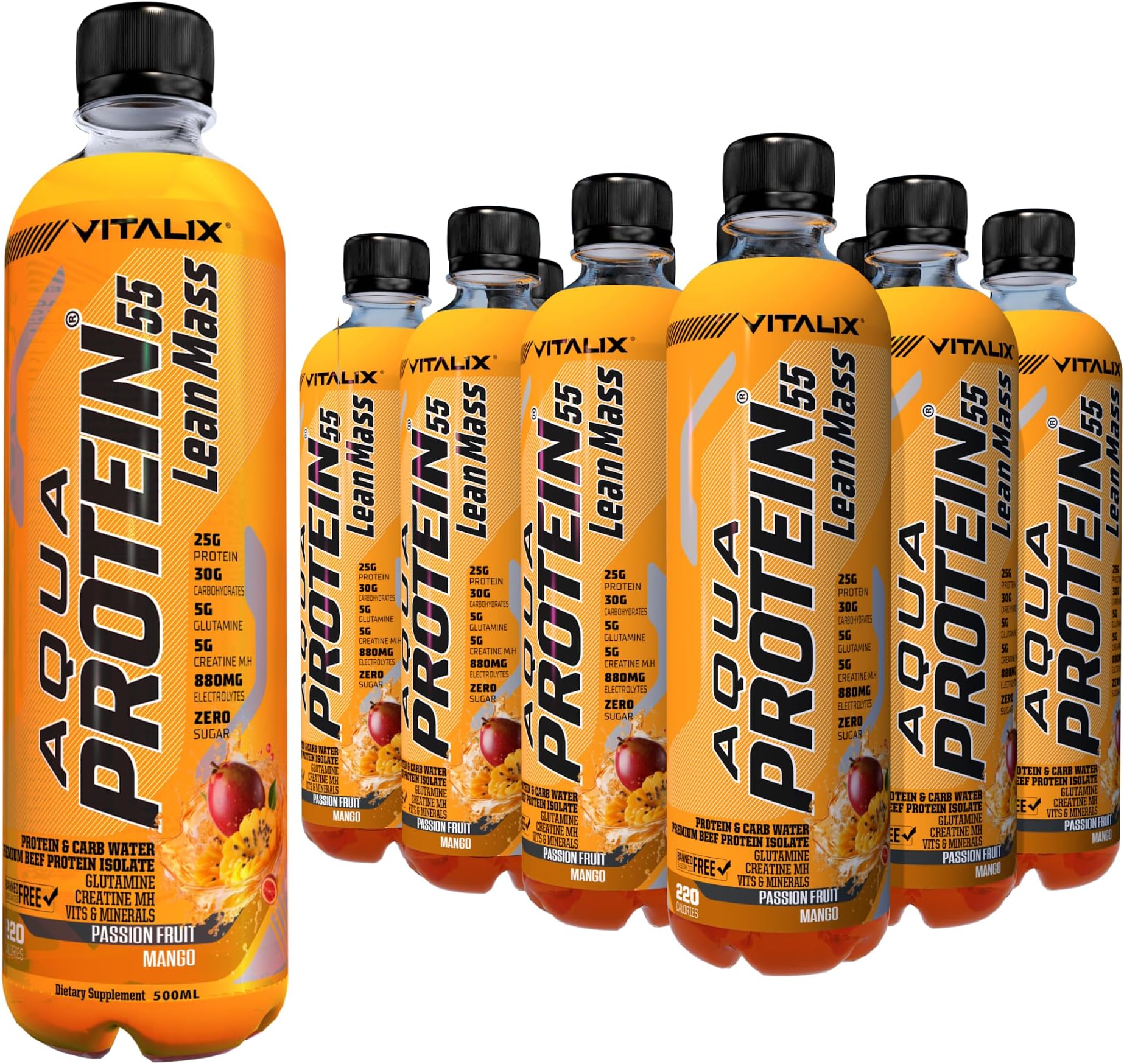 Vitalix Aqua Protein 55 Lean Mass Mango Passion Fruit Complete Meal Post Workout Drink – Zero Sugar,25g Beef Protein Water, 30g Carbohydrates, Creatine Monohydrate Ramadan Drink 500ml Pack of 12