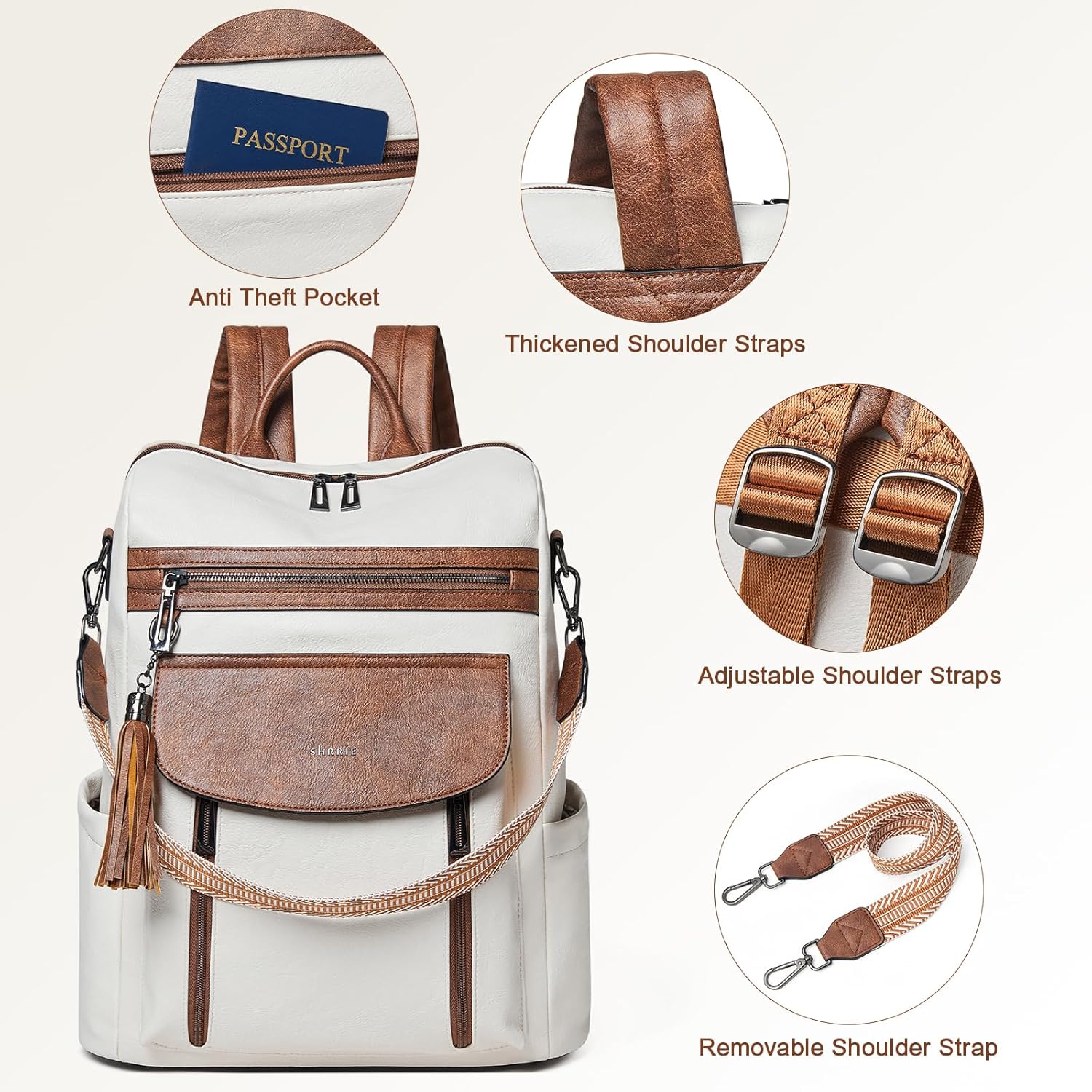 Shrrie Laptop Backpack for Women 15.6 inch,Travel Leather Backpack Purse Nurse Teacher Carry on Backpack Computer Bag,Professional Water-Resistant College Business Work Casual Daypack,Beige with Brown - Image 8