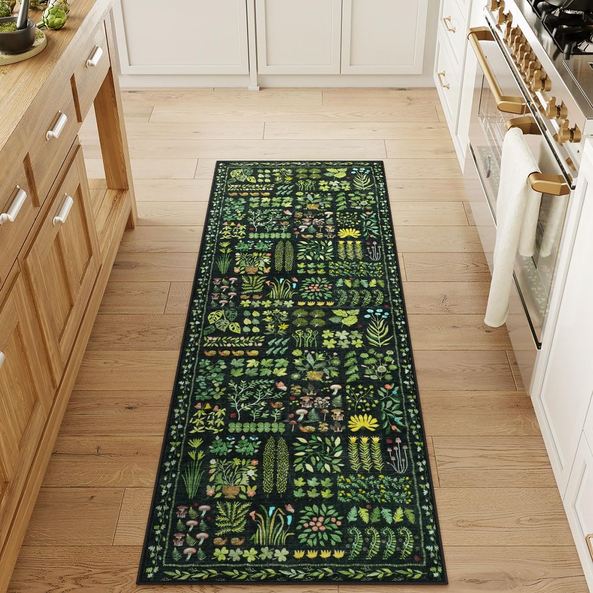 LIVEBOX Botanical Kitchen Runner Rug, Washable Rugs for Hallways 2x6, Soft Black and Green Non Slip Runners Floral Plant Patchwork Area Rug for Laundry Room,Bedside,Entryway