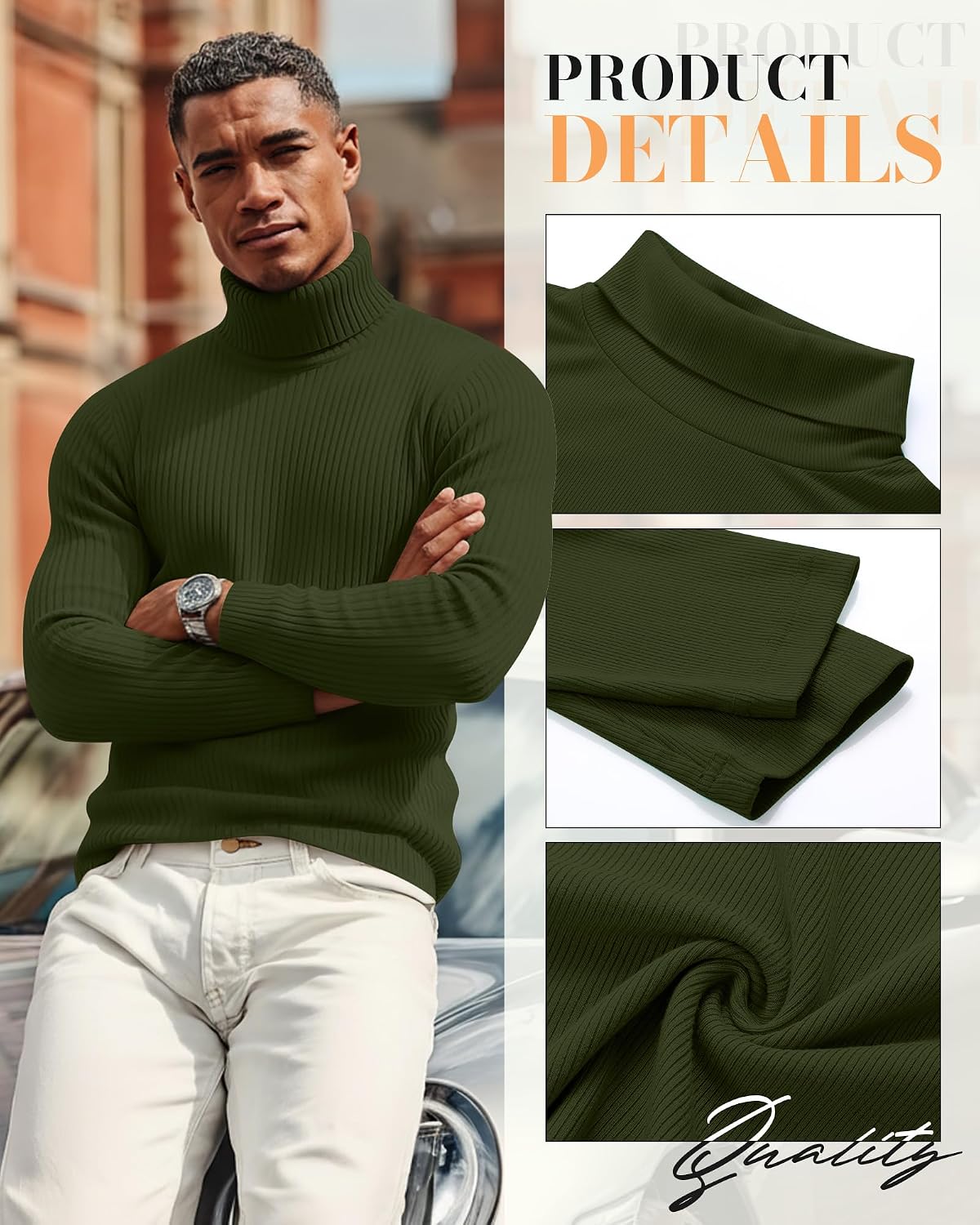 Locoowai 3 Pack Men's Ribbed Turtleneck Shirts, Long Sleeve Mock Neck Lightweight Pullover Sweaters Knit Base Layer Tee Tops