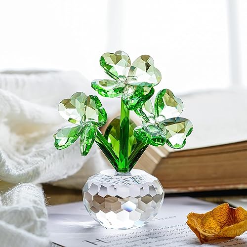 QFkris Crystal Flower Dreams - Figura coleccionable de trébol de cuatro hojas para regalo del día de San Patricio, adorno de cristal de 3.7