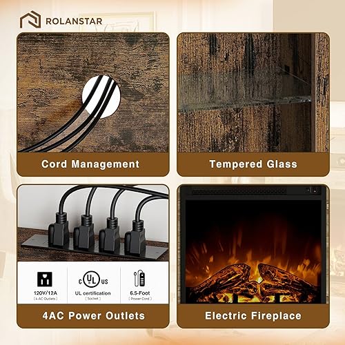 Miniatura 6 de Rolanstar - Soporte de TV con chimenea con luces LED y tomas de corriente, consola de TV para televisores de hasta 65 pulgadas, centro de