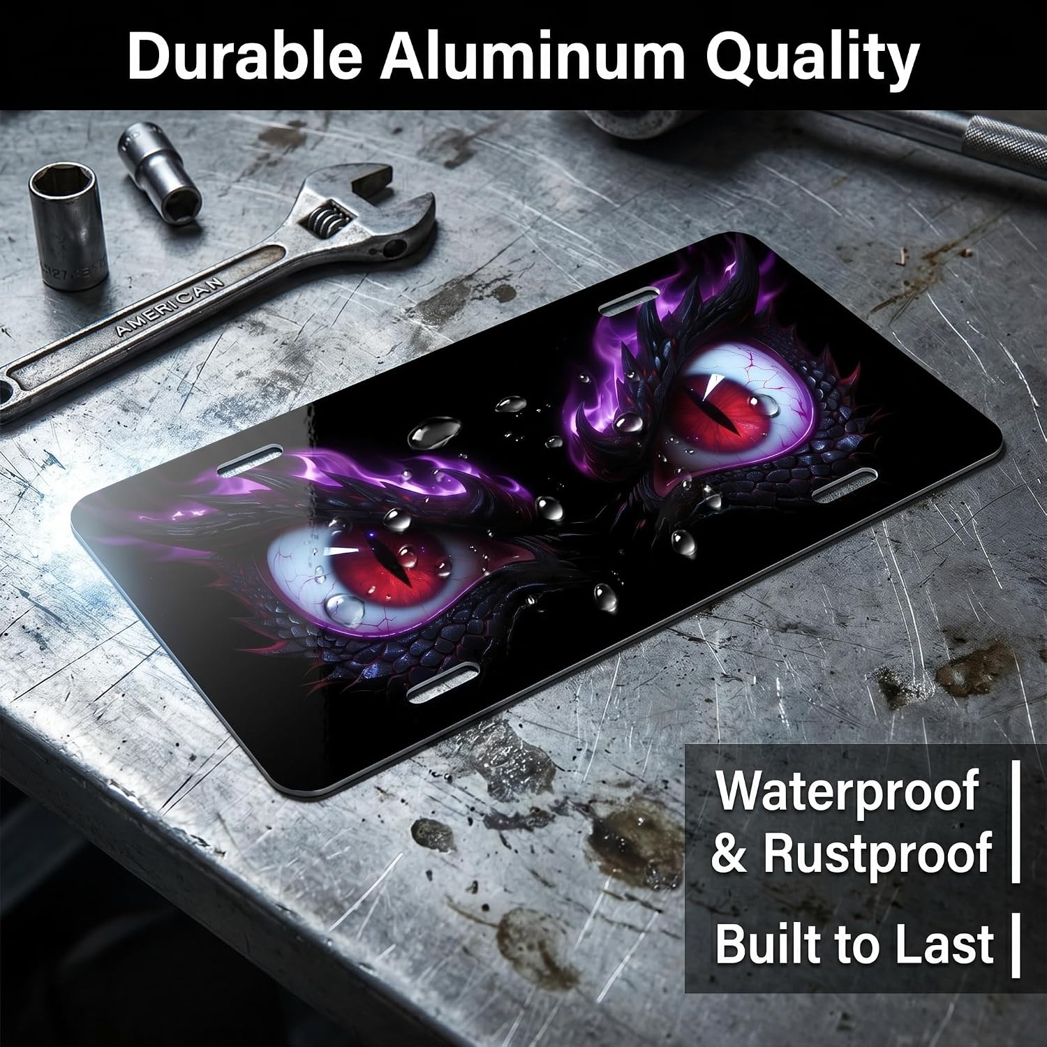 Dragon Eye License Plate, Weatherproof Aluminum Car Front License Plate, Mystical Novelty Vanity Tag Cover with 4 Holes for Men Women 6" X 12" (Purple)