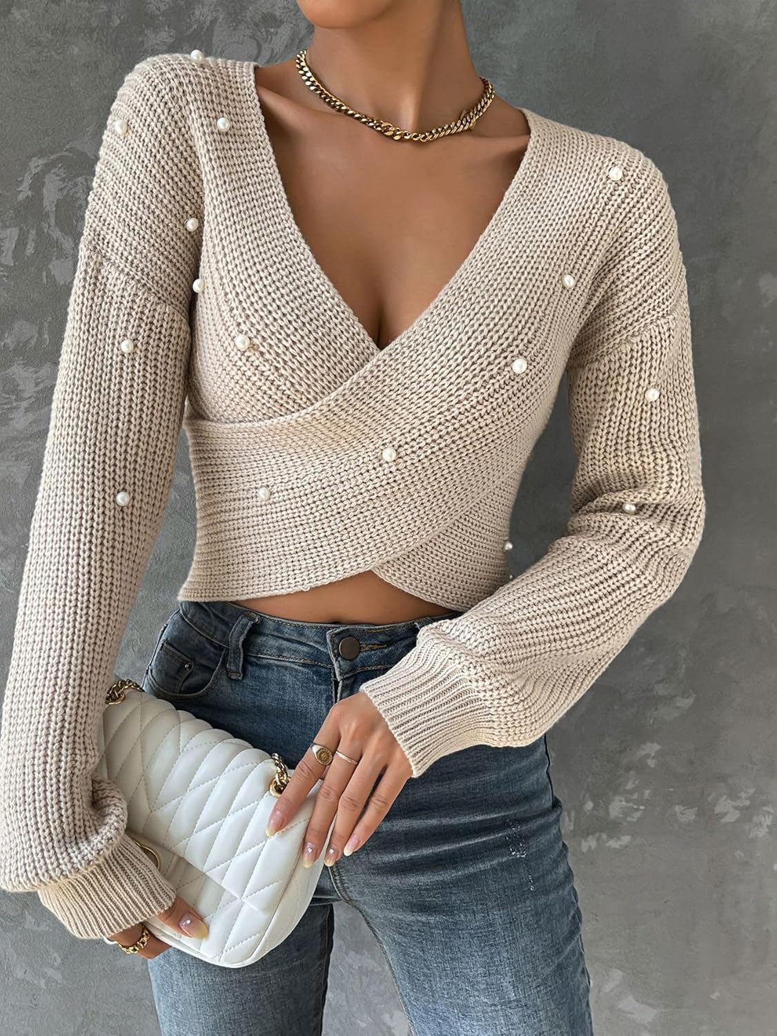 Women's Sexy Off-Shoulder Wrap Sweater V-Neck Long Sleeve Pearl Embellished Criss Cross Knit Cropped Pullover Top - Image 4