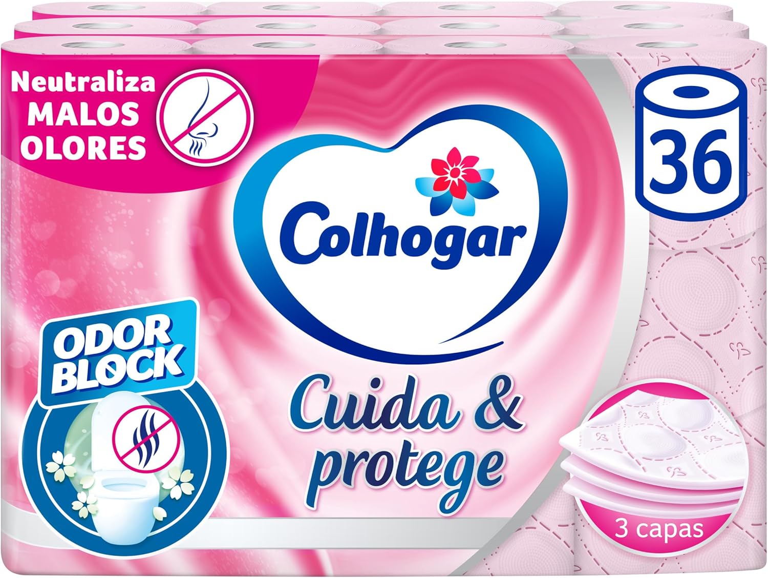 Colhogar Care & Protect 3 x 12 Toilet Paper with Odor Block Technology, Neutralizes Bad Odors, Pack of 36 Rolls, 3 Layers, Pink Rolls and Fresh Fragrance