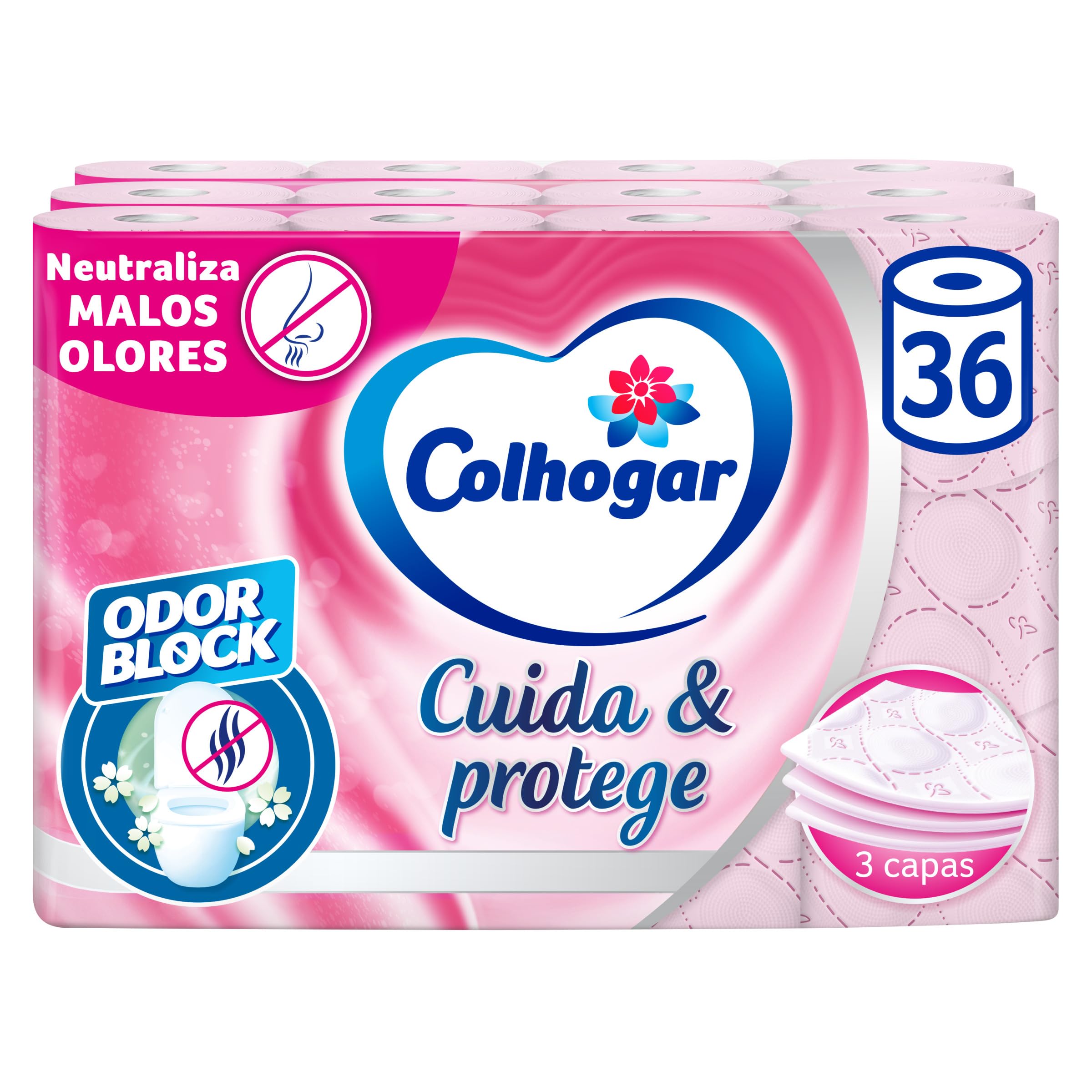 Colhogar, Cuida&Protege 3 x 12, Papel Higiénico con tecnología Odor Block, neutraliza malos olores, Paquete con 36 Rollos, 3 Capas, rollos color rosa y con una fragancia fresca