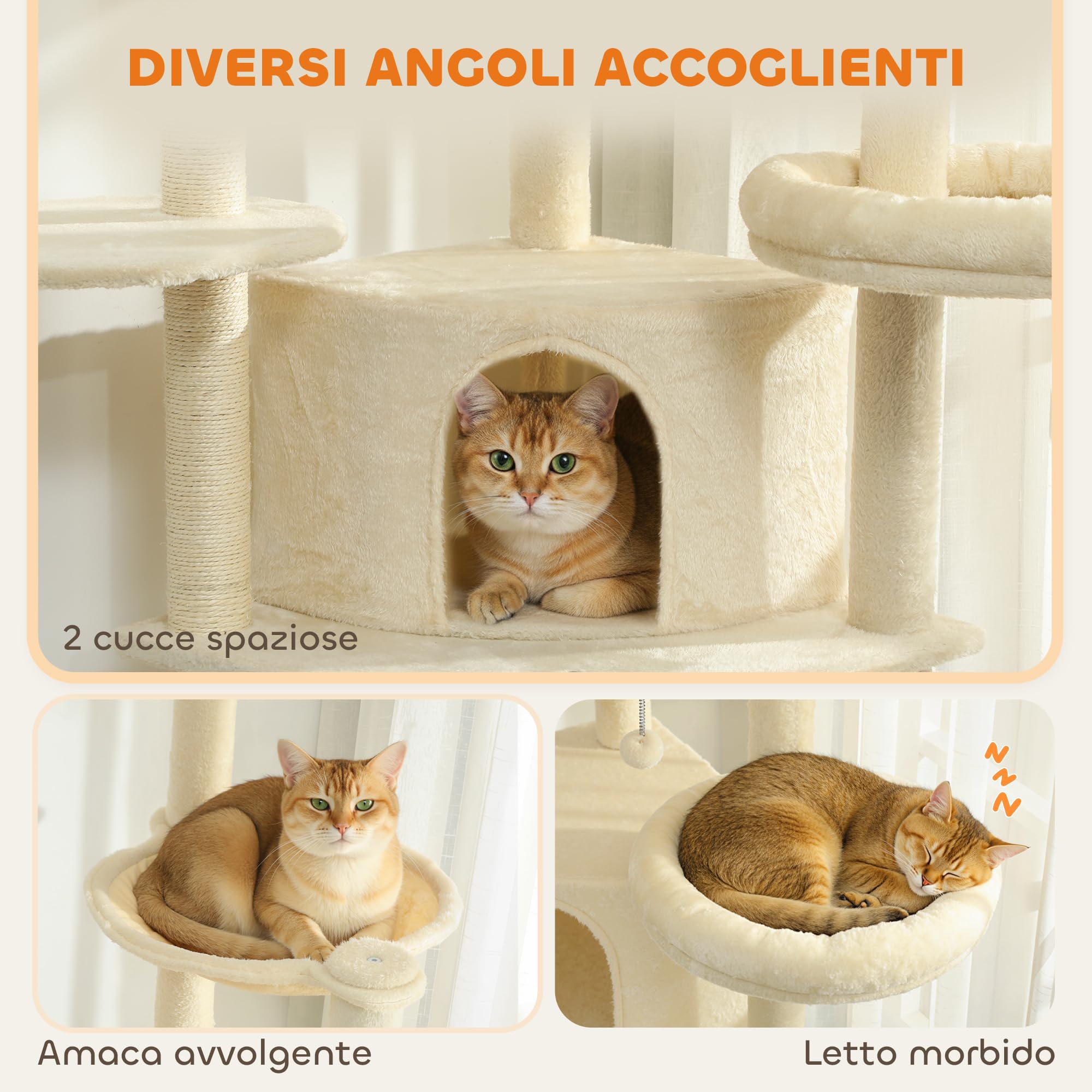 PawHut Tiragraffi per Gatti Alto 200 cm con 5 Pali Graffiatoi Sisal Beige | Albero per Gatti Adulti XXL Multilivello, 2 Grotte, 2 Cucce, Amaca, 2 Pompon, Piattaforme, Peluche, Torre per Gattini