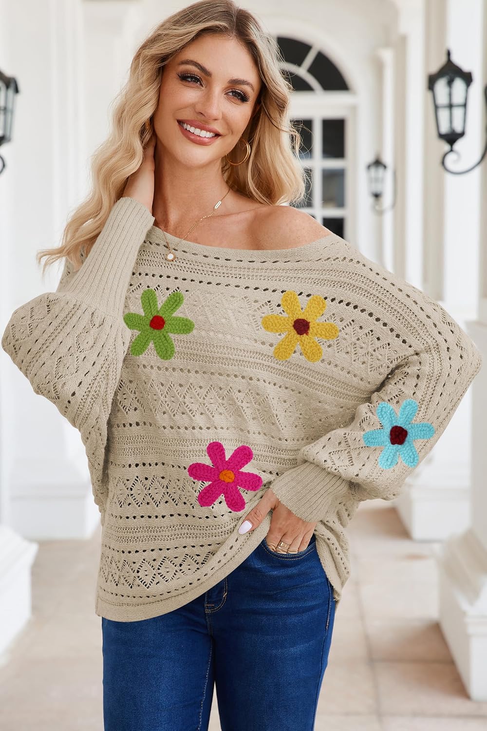 Cakulo Womens Off Shoulder Sweater Top Fall Outfits Fashion 2025 Oversized Knit Batwing Long Sleeve Crochet Pullover Sweaters - Image 8