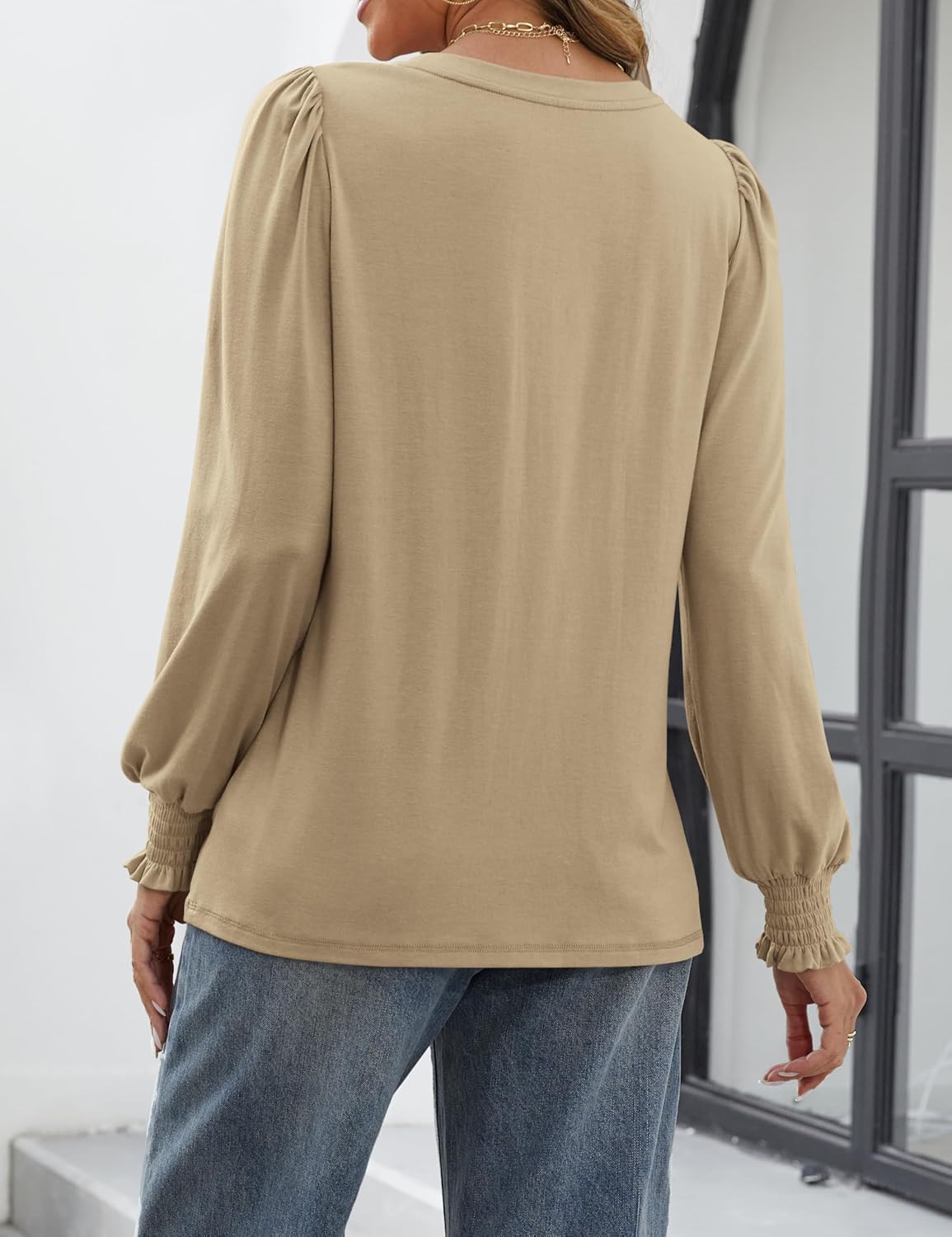 ATHMILE Womens Long Sleeve Shirts Crew Neck Tops Pleated Business Casual Blouses with Smocked Cuffs Trendy T-Shirts - Image 4