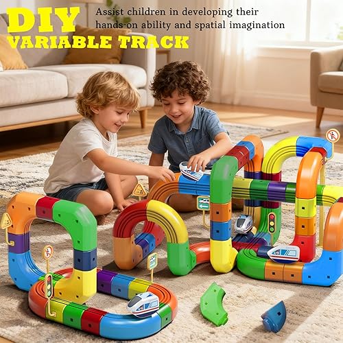 Miniatura 6 de Juego de pistas de tren eléctrico, juego de pista de coche de carreras flexible con tren eléctrico, kit de ingeniería de construcción de bricolaje