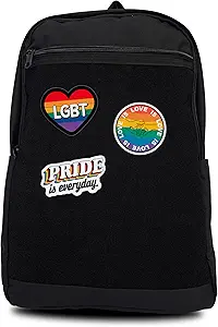 Unisex Large Black Backpack with LGBT Sticker & Patches Area, Ideal for Laptop, Travel & Work, Includes 3 Rainbow Flag and Pride Stickers and Patches