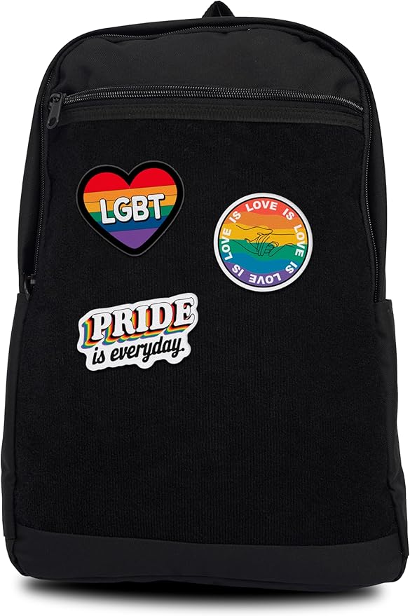 Unisex Large Black Backpack with LGBT Sticker & Patches Area, Ideal for Laptop, Travel & Work, Includes 3 Rainbow Flag and Pride Stickers and Patches