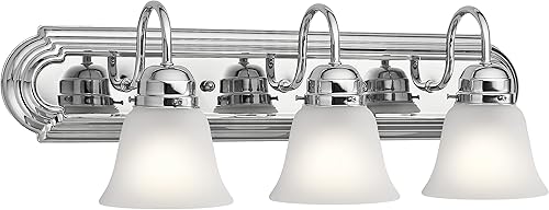 Kichler 5337CHS - Lámpara de baño de 3 luces cromada de 24 pulgadas, moderna lámpara de baño con vidrio satinado transparente, (24 pulgadas de ancho