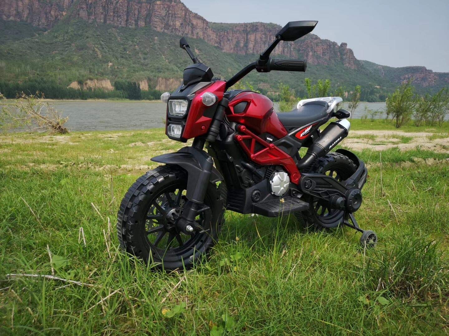 Electric Motorcycle for Kids, Ride on Motorcycle, Tamco 12V Electric Dirt Bike for 3~6 Years Boys Girls with Training Wheels Hand Racing Foot Brake PU seat (red)