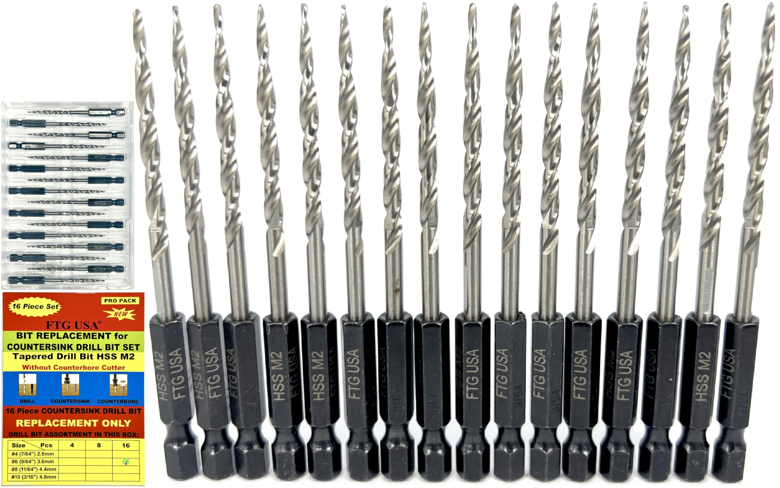 FTG USA 16 Pc #6 (9/64") Tapered Countersink Drill Bit Set - Replacement Tapered Drill Bits for Wood with Storage Container
