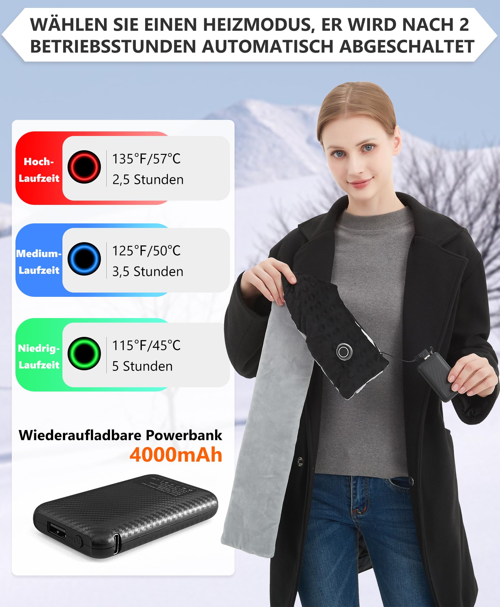Graphen Beheizbarer Schal mit Power Bank USB Beheizter Nackenwickel für Damen Herren Kinder Fleece Heizkissen zur Halswärmer