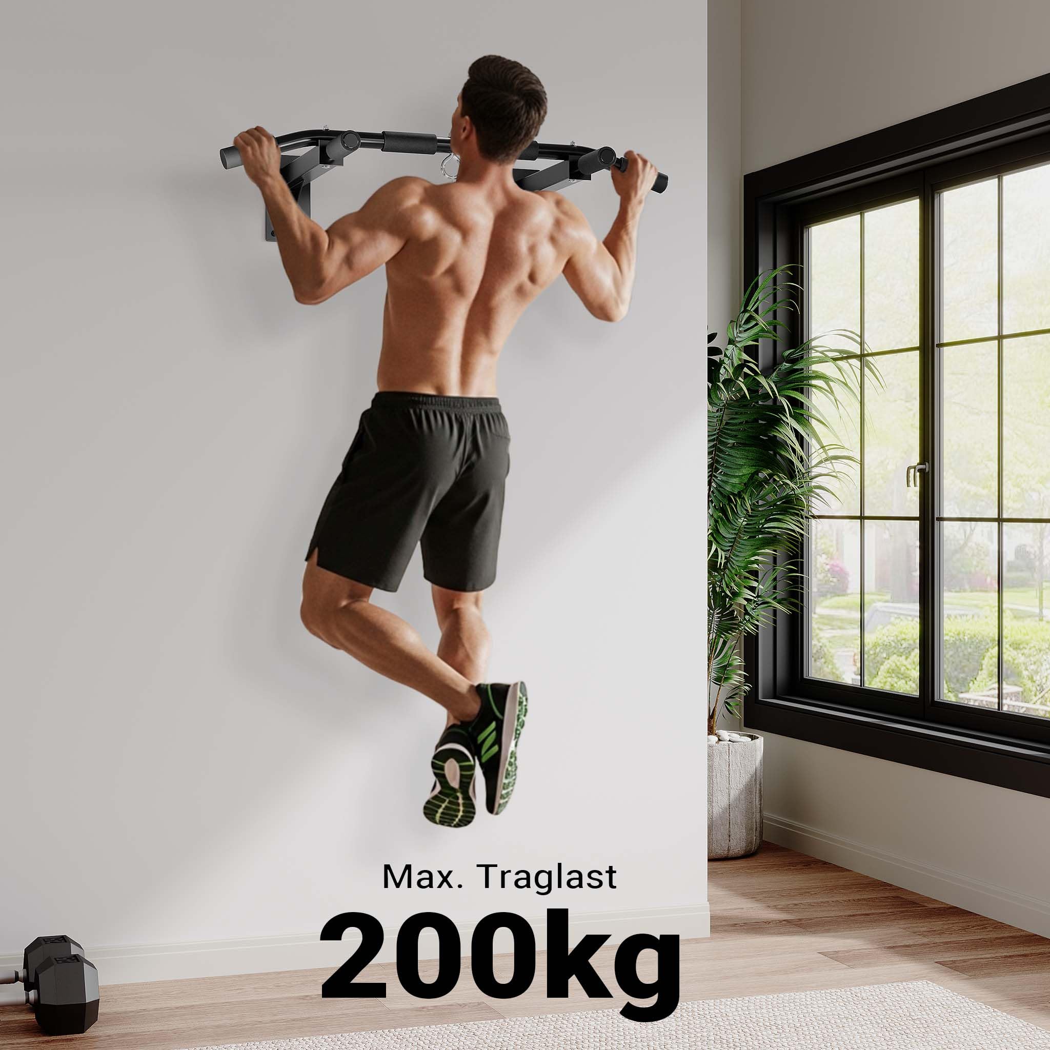 Klimmzugstange zur Wandmontage bis 200 kg, Klimmzug Stange aus Stahl mit gepolsterten Griffen, Fitness Zubehör Pull Up Bar für Training zu Hause, Trainingsstange für verschiedene Sportübungen
