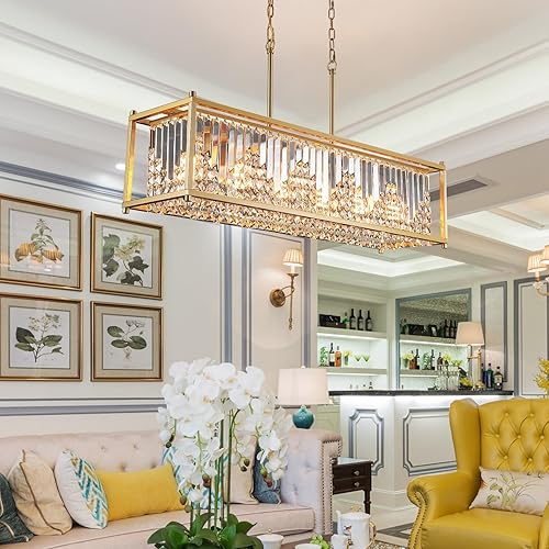 Miniatura 9 de Q&S Moderno candelabro rectangular de cristal, candelabros rectangulares dorados para comedor, 6 luces de lujo para cocina, isla, bar, sala de