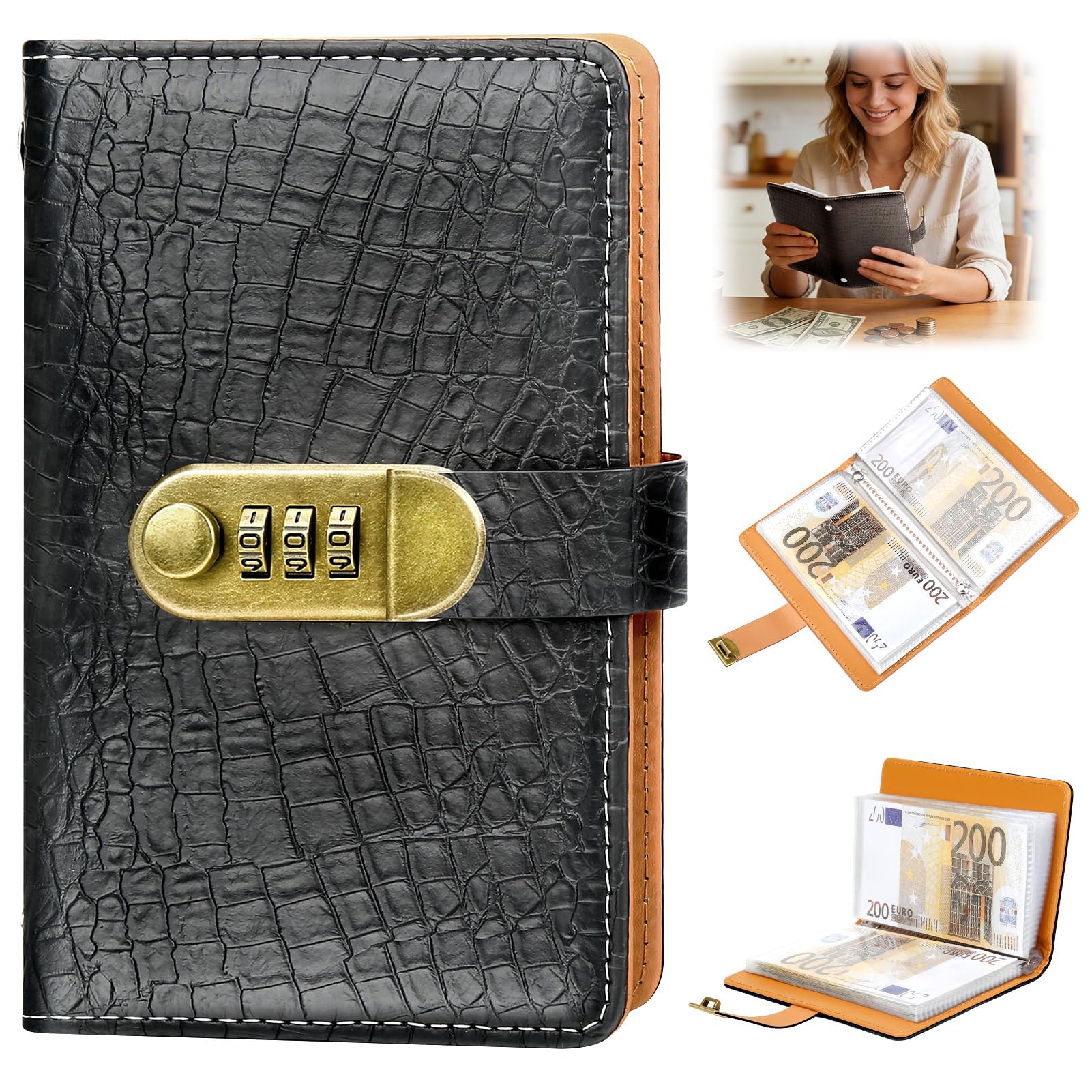 100 Envelopes Saving Challenge with Combination Lock, Savings Challenge Book, Money Saver Wallet, 50 Pages, Cash Money Saving Book Both Sides can be Used for Office Home Travel Couple