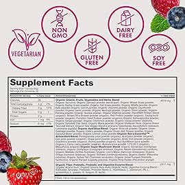 Zena Nutrition Organic Super Greens Powder, 70+ Superfoods, 0 Sugar, 3G Fiber, Spirulina, Chlorella, Antioxidants, Prebiotics/Probiotics, Digestive Enzymes, Mixed Berry, 30 Servings