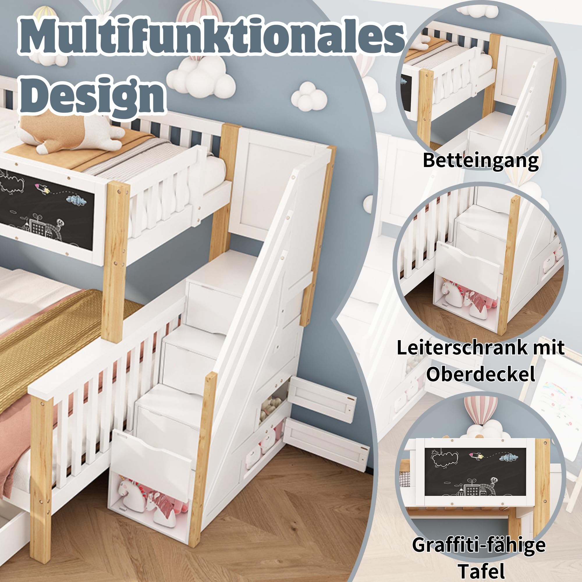 Litera infantil, 90 x 200 y 140 x 200 cm, cama doble, cama infantil multifuncional, con pizarra y cajones, escalera, protección anticaídas y somier, sin colchón (natural, 140 x 200 cm)