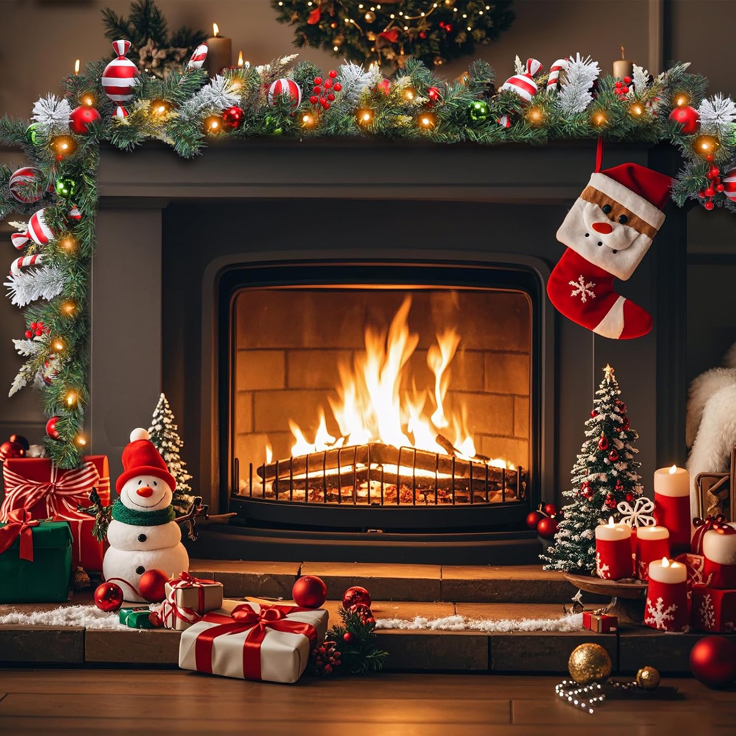 クリスマス ガーランド ライト 屋内 屋外 装飾 人工クリスマス ガーランド ライトマントル キャンディケーン ドアポーチ用 ホリデ