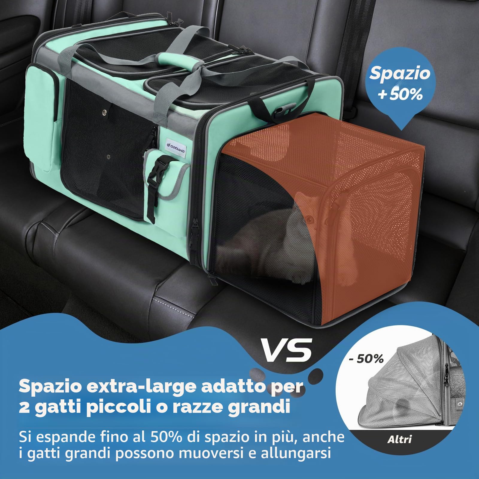 Odoland Trasportino per 2 gatti, pieghevole ed estensibile, borsa per il trasporto traspirante con tracolla e vaschetta per lettiera, ideale per viaggi, auto, verde