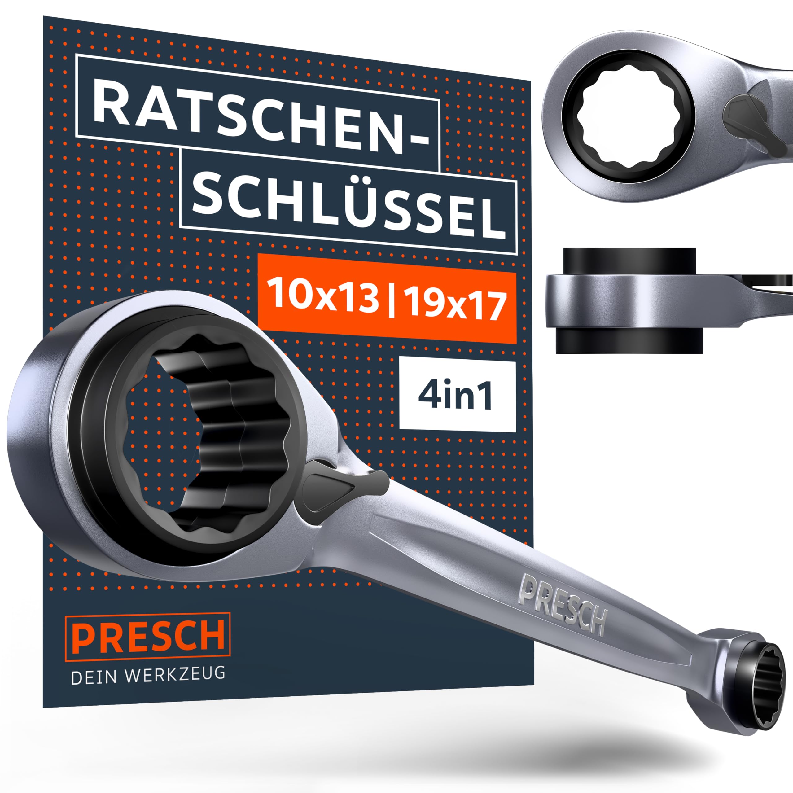 PRESCH Doppel Ratschenschlüssel 10/13/17/19 mm – 4-in-1 Ringratschenschlüssel
