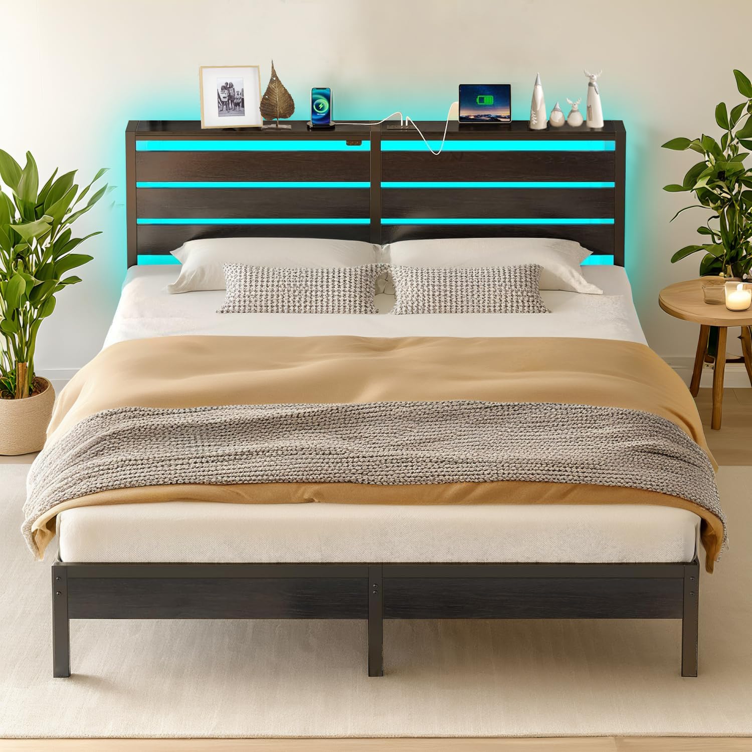 Marco de cama clásico de plataforma de metal, marco de cama de tamaño matrimonial con cabecero, soporte de listones de acero, marco de cama LED con estación de carga USB, almacenamiento
