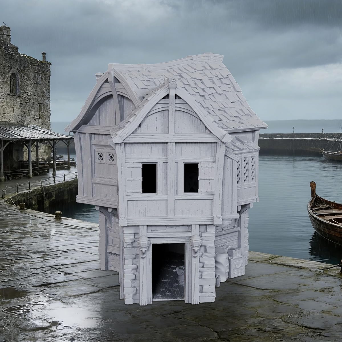 AUSPDICE RPG Terreno, Edificio de Muelle a Escala de 25 mm, Paisaje del Puerto TTRPG | Terreno DND multinivel de piedra y madera sin pintar 1:64 para mazmorras y dragones, juegos de rol de mesa y juegos de guerra de fantasía-AF1154B