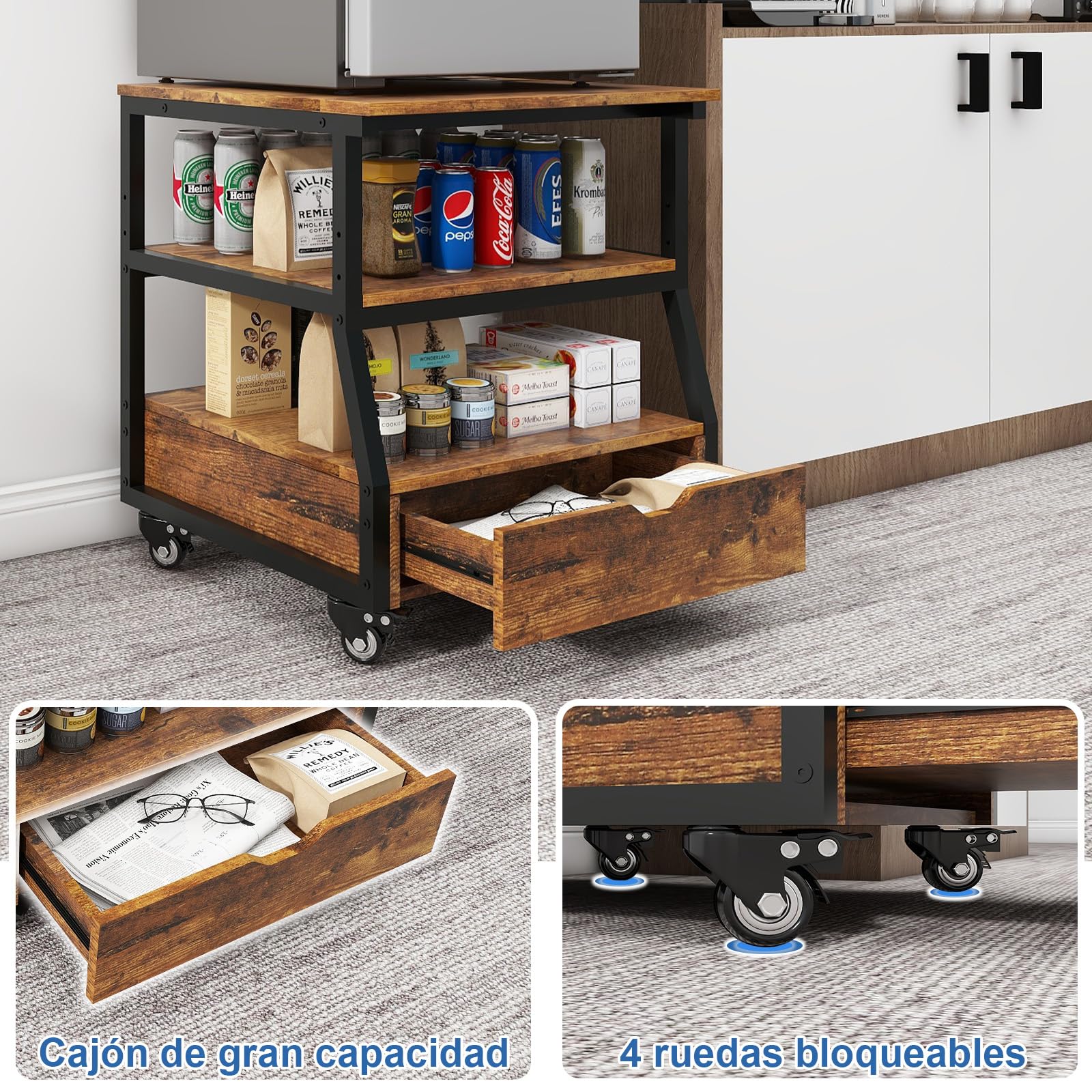 PUNCIA Soporte de 3 Niveles para Mini Nevera Mueble Estante de Frigorífico con Ruedas Organizador Móvil con Cajón Plataforma para Refrigerador Cocina Salón Oficina