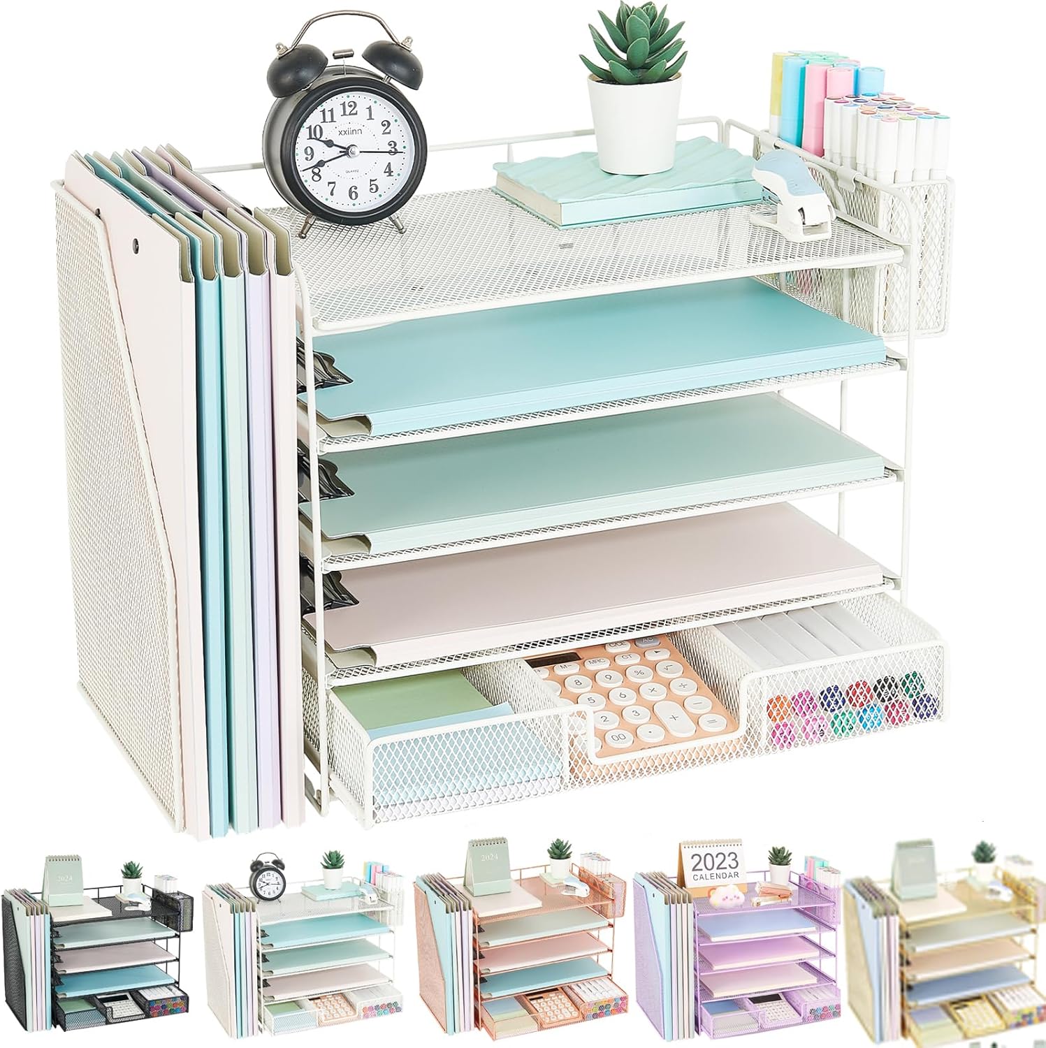 Youbetia 5 Tier Desk Organizer and Storage with Vertical Mesh File Racks, Desktop Paper Letter Tray Office Organization with Drawer and Pen Holder, Desk Organizers and Accessories (WHITE)