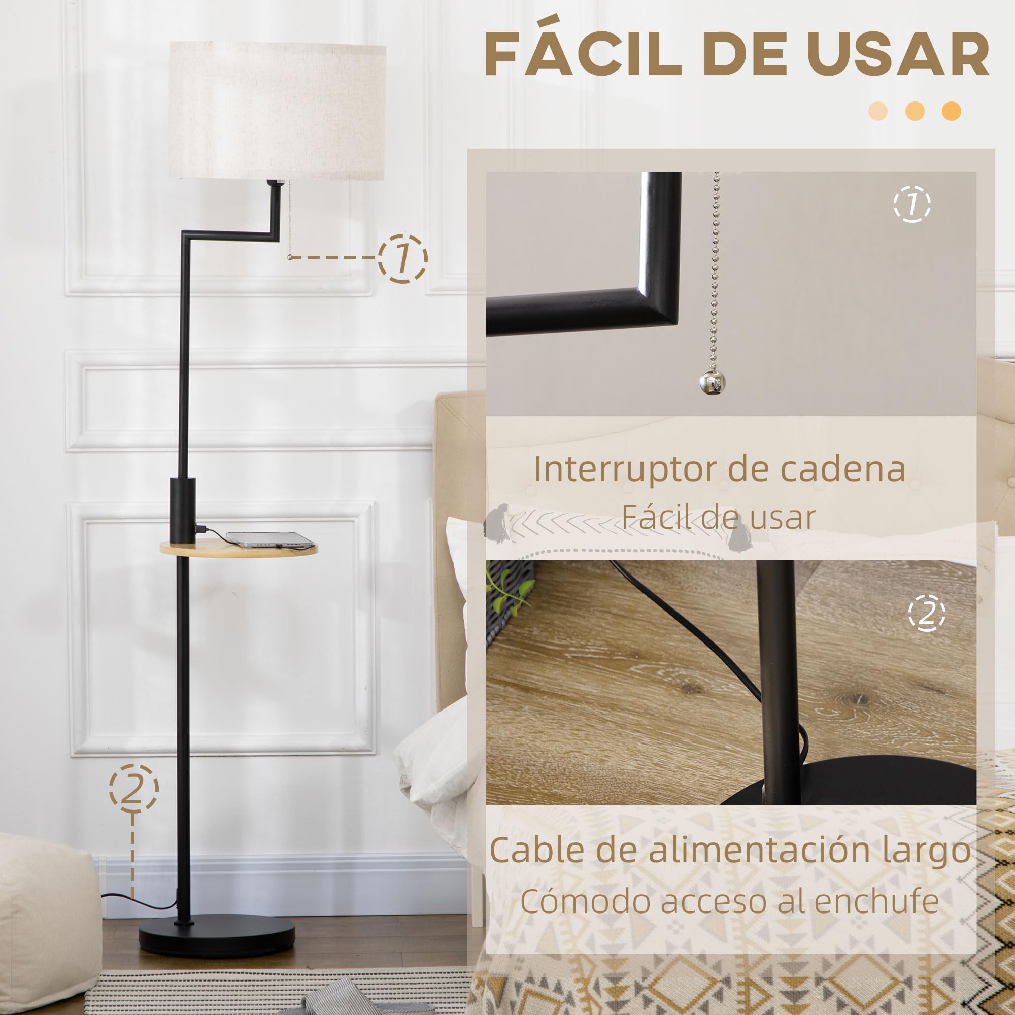 HOMCOM Lámpara de Pie con Mesita Auxiliar Lámpara con Estante Cargador USB Casquillo E27 Máx. 40W con Pantalla de Lino Interruptor de Cadena para Salón Ø40x170 cm Natural