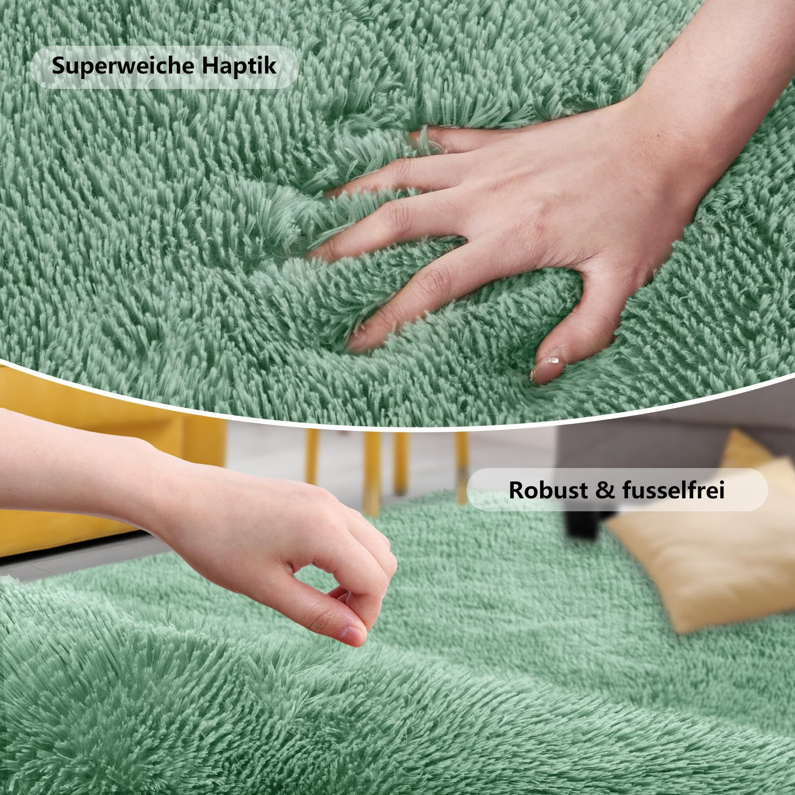 SOANNY Tappeto Soggiorno a Pelo Lungo, Lavabile, Antiscivolo e Morbido, Tinta Unita, Shaggy, per Camera da Letto e Bambini, Scendiletto, 140x200 cm, Verde Salvia