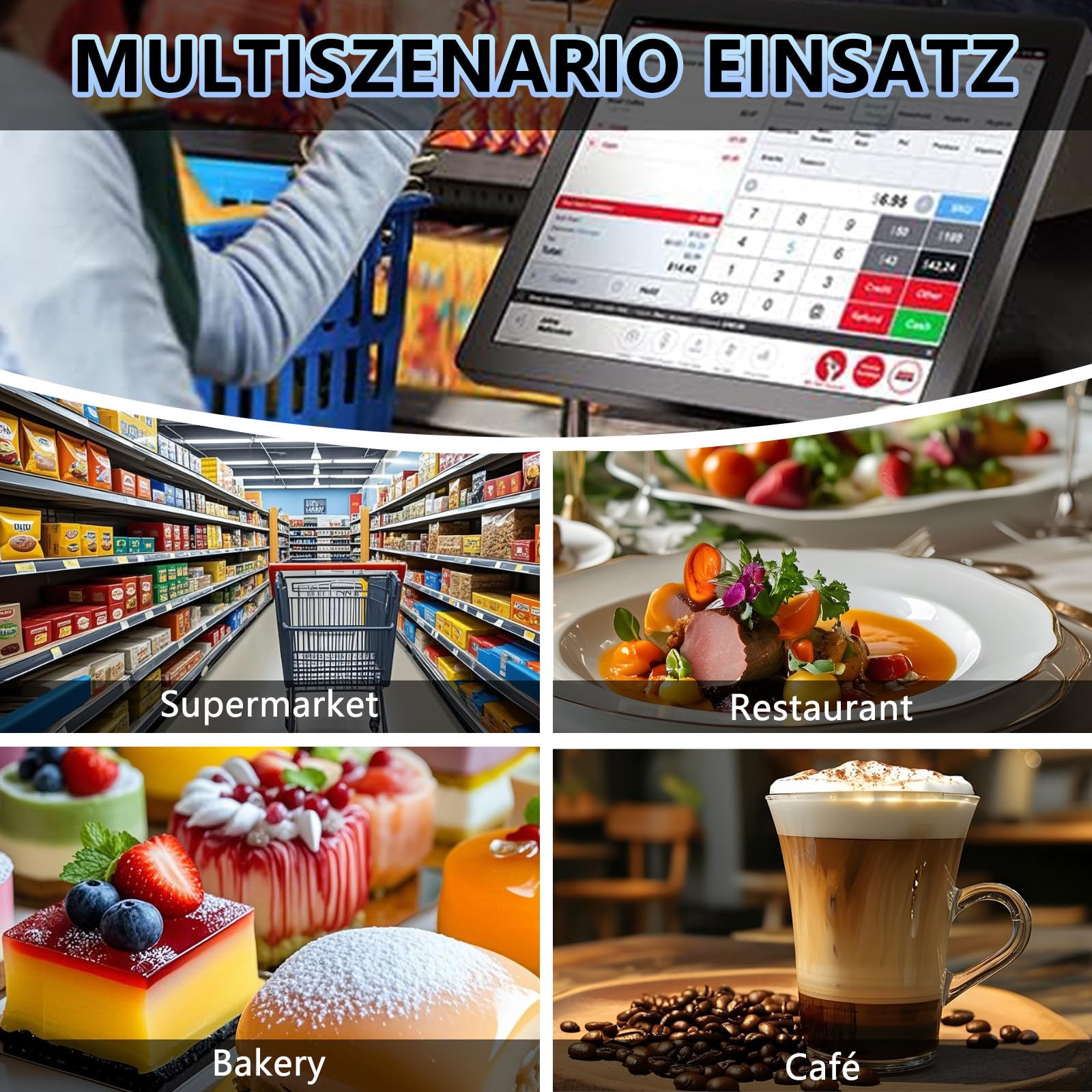 Registratore di cassa POS intelligente con stampante termica integrata, monitor touch screen, display del cliente, cassetto cassa e scanner - Pacchetto POS completo