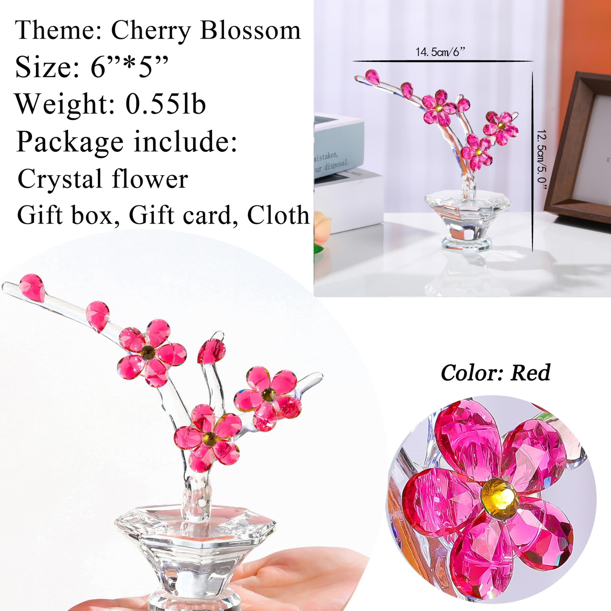 Amazon.co.jp: 赤い桜のクリスタルフラワーと茎-花瓶付きガラスの花