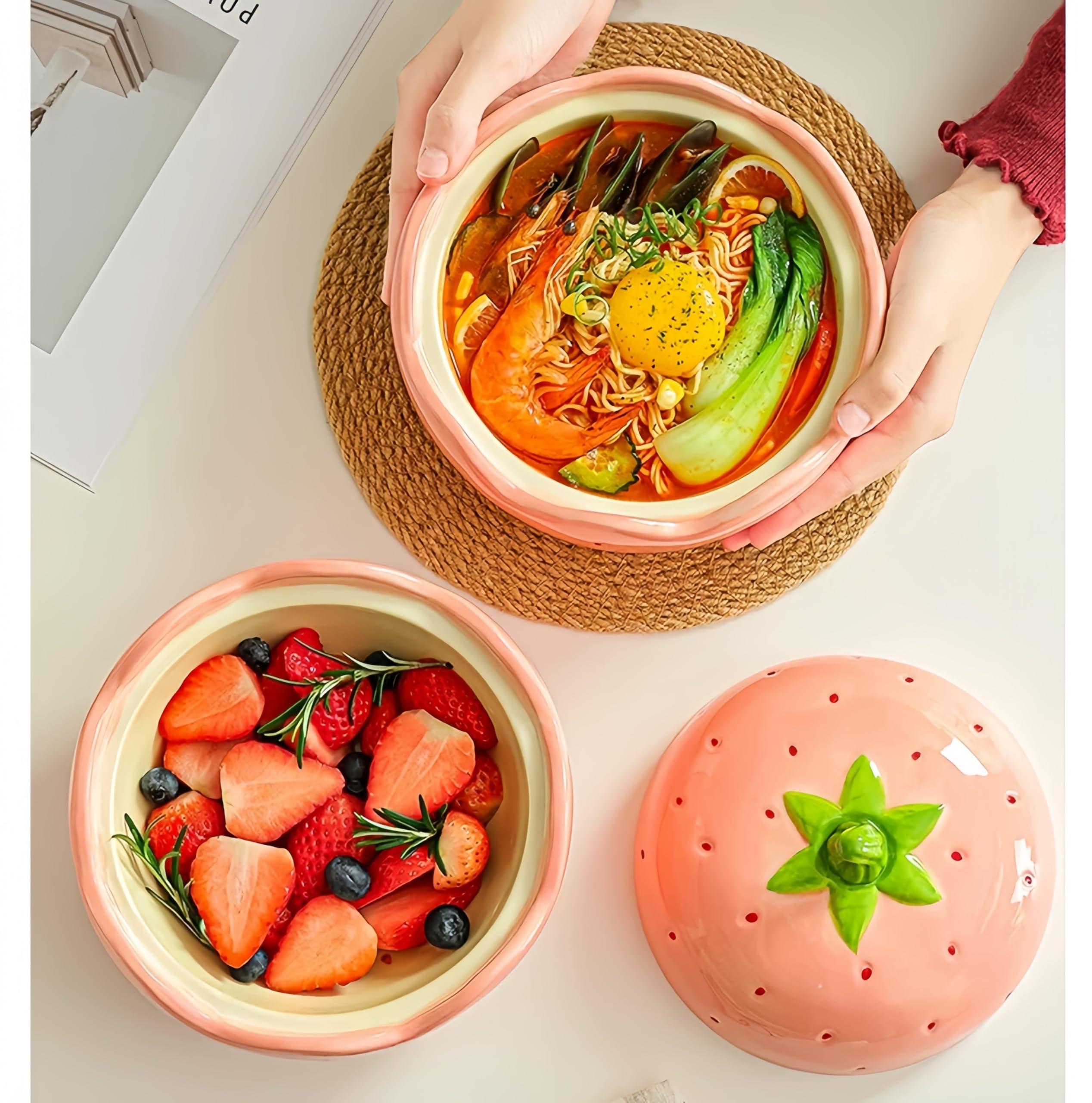 Urocza ceramiczna miska ramen z pokrywką, 590 ml, zabawny pojemnik na żywność na zupę, sałatkę, przekąski, świetny prezent dla miłośników jedzenia (6)
