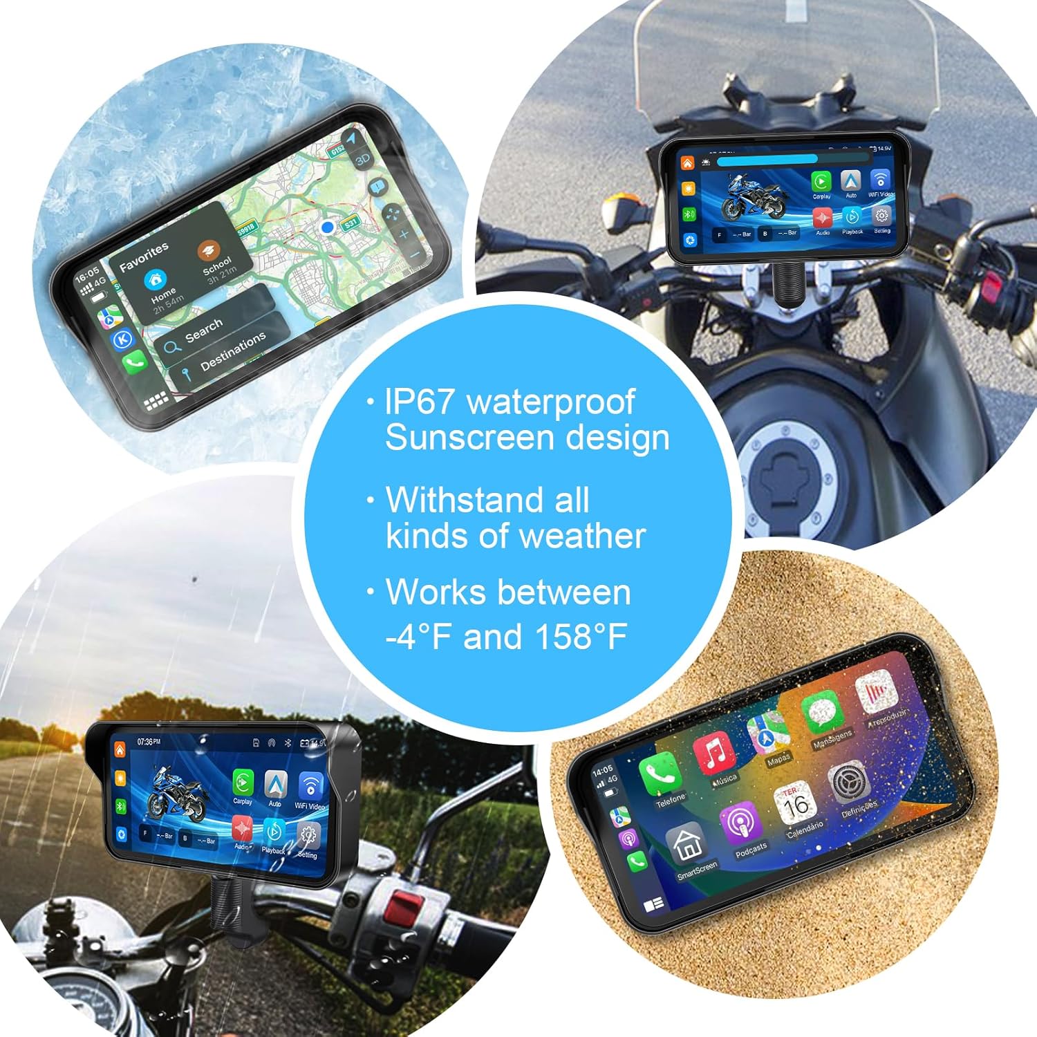 Motorcycle dash cam shown in various weather conditions, highlighting its IP67 waterproof and sunscreen design, and operating temperature range