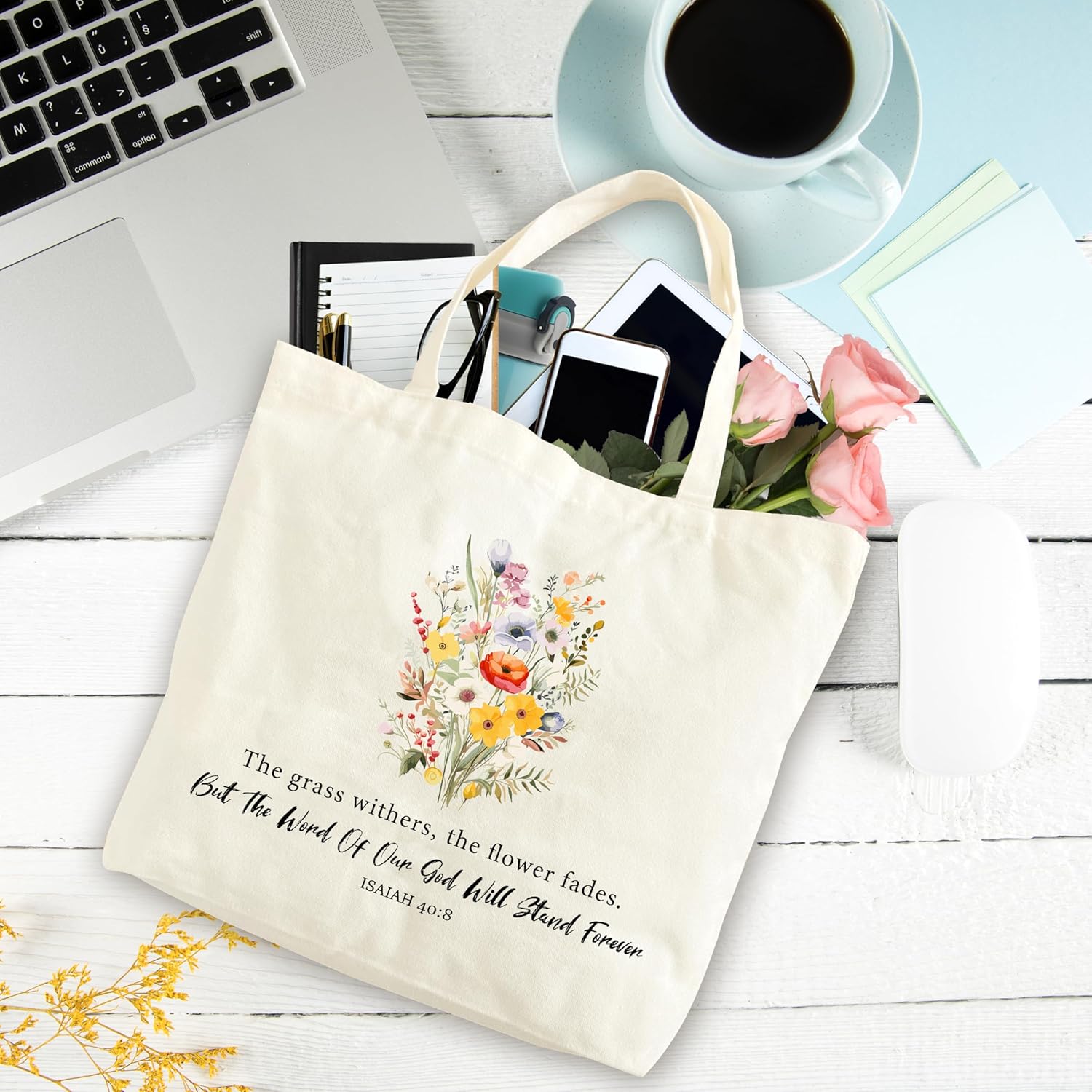 Women Bible Canvas Tote Bag, Religious Christian Inspirational Gifts, Reusable Flower Shopping Tote, Aesthetic Shoulder Bag, Thanksgiving Christmas Gifts For Friends Colleagues -A17 - Image 3