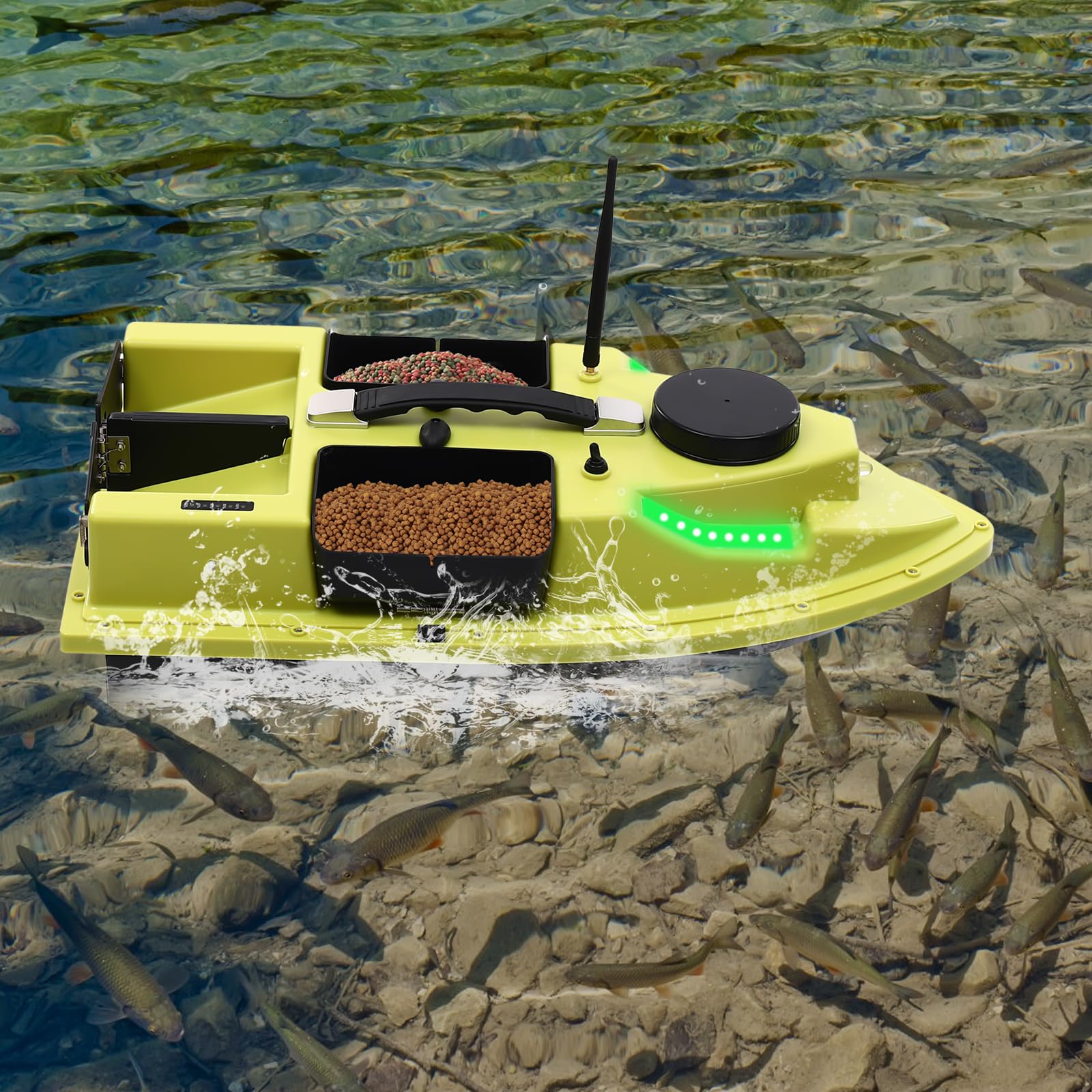 Barca da pesca Barchino pasturatore Barca da pesca per esche con posizionamento GPS Telecomando 2,4G Design a 4 marce Batteria al litio da 5,2 Ah adatta per grandi laghi e bacini artificiali