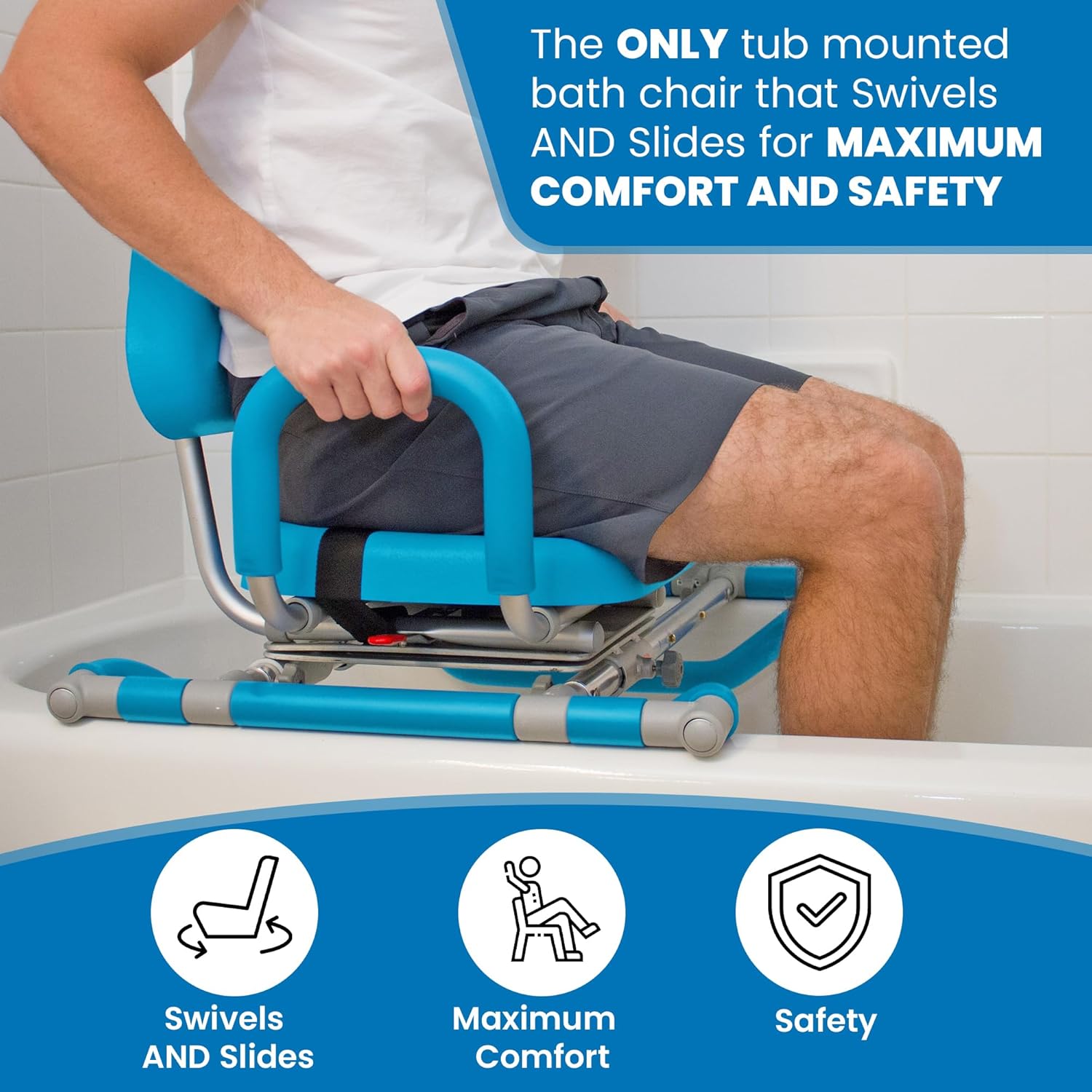 Platinum Health HydroSlide Sliding Shower Chair Swivel Seat for Bathtub, Soft, Padded with industry-exclusive, patented Gap-Bridge safety feature. Padded Armrests. Ideal for Elderly and Seniors (Blue)