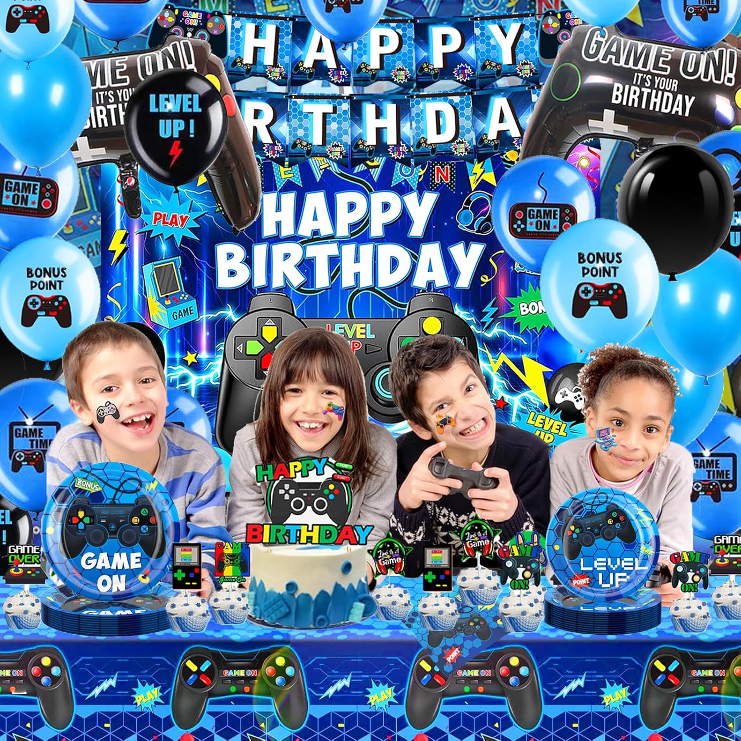 Video Game Birthday Decorations,Game Party Decorations,Backdrop,Plates,Napkins,Latex and Foil Balloons Tablecloth,Party Supplies for Boys Adults. - Image 5