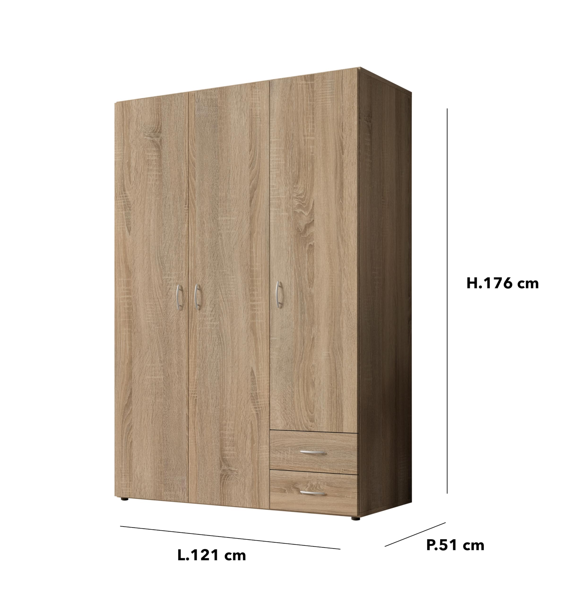 Armadio Guardaroba 3 Ante e 2 Cassetti | Armadio Camera da Letto Moderno 121x177x51 cm (LxHxP) | Ampio Spazio Organizzativo con Barra Appendiabiti | Colore Rovere