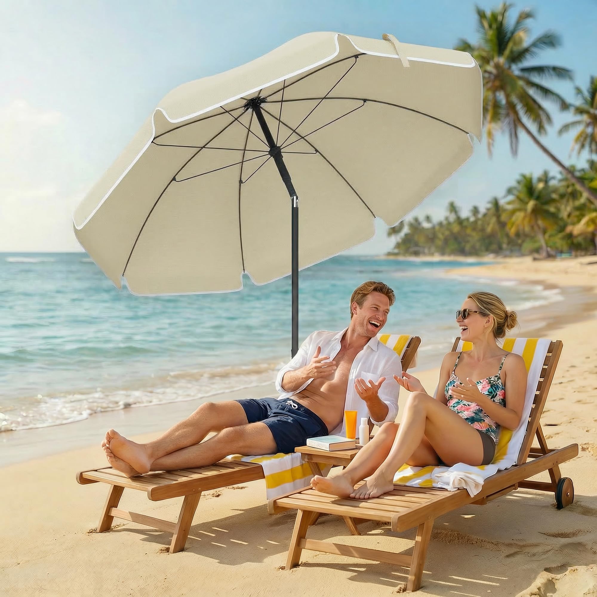 Outsunny Sonnenschirm Strand Ø150 cm Strandschirm mit Sonnenschutz wasserabweisend faltbar mit Sandanker und verstellbarer Neigung Tragetasche für Camping Reisen Strand Beige