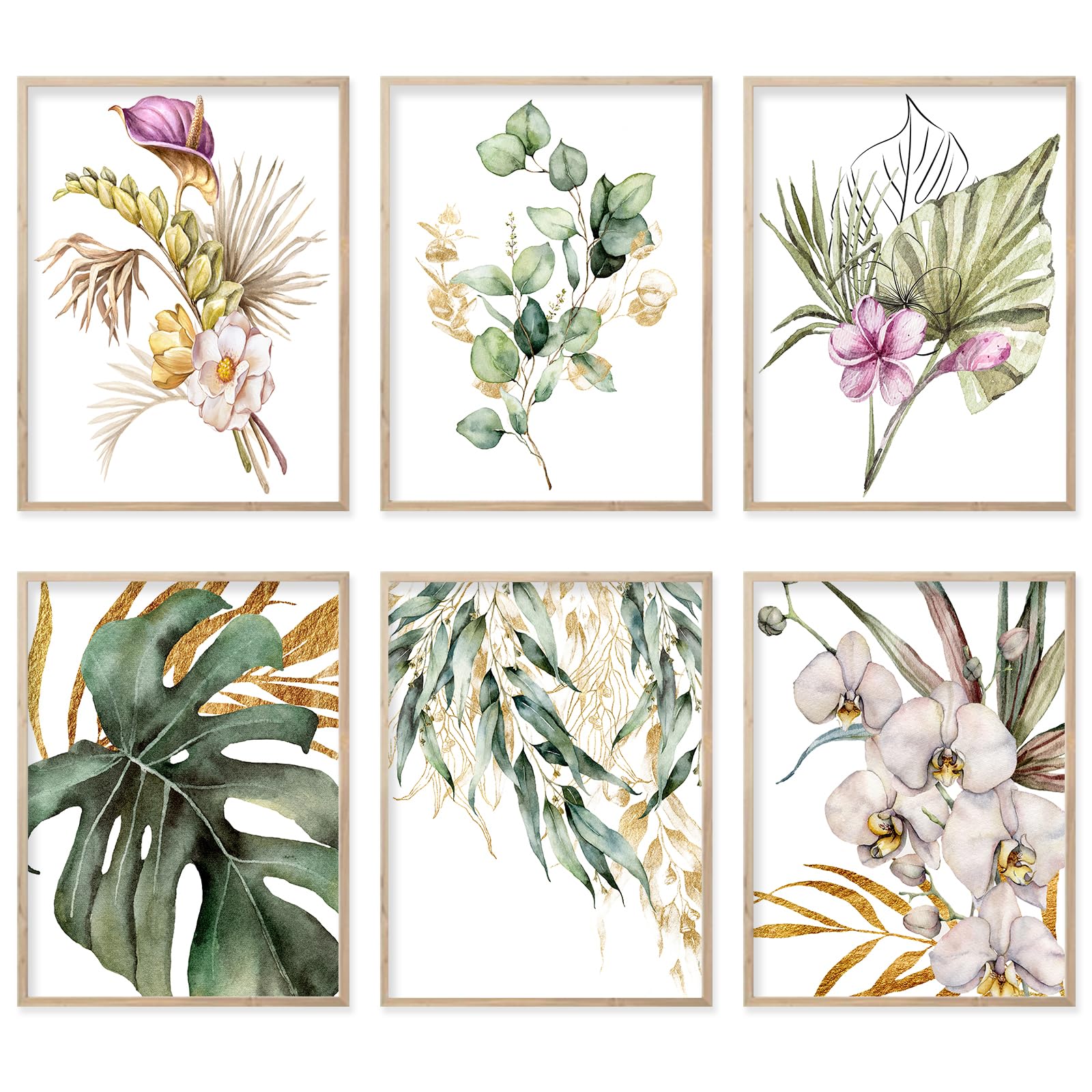 HOGEBIG Boho Botanical Wall Art Prints Plant Leaves Watercolor Canvas Prints Poster Gold and Green Floral Leave Pictures for Bathroom Bedroom Living Room Office Wall Decor (11"x14" UNFRAMED)