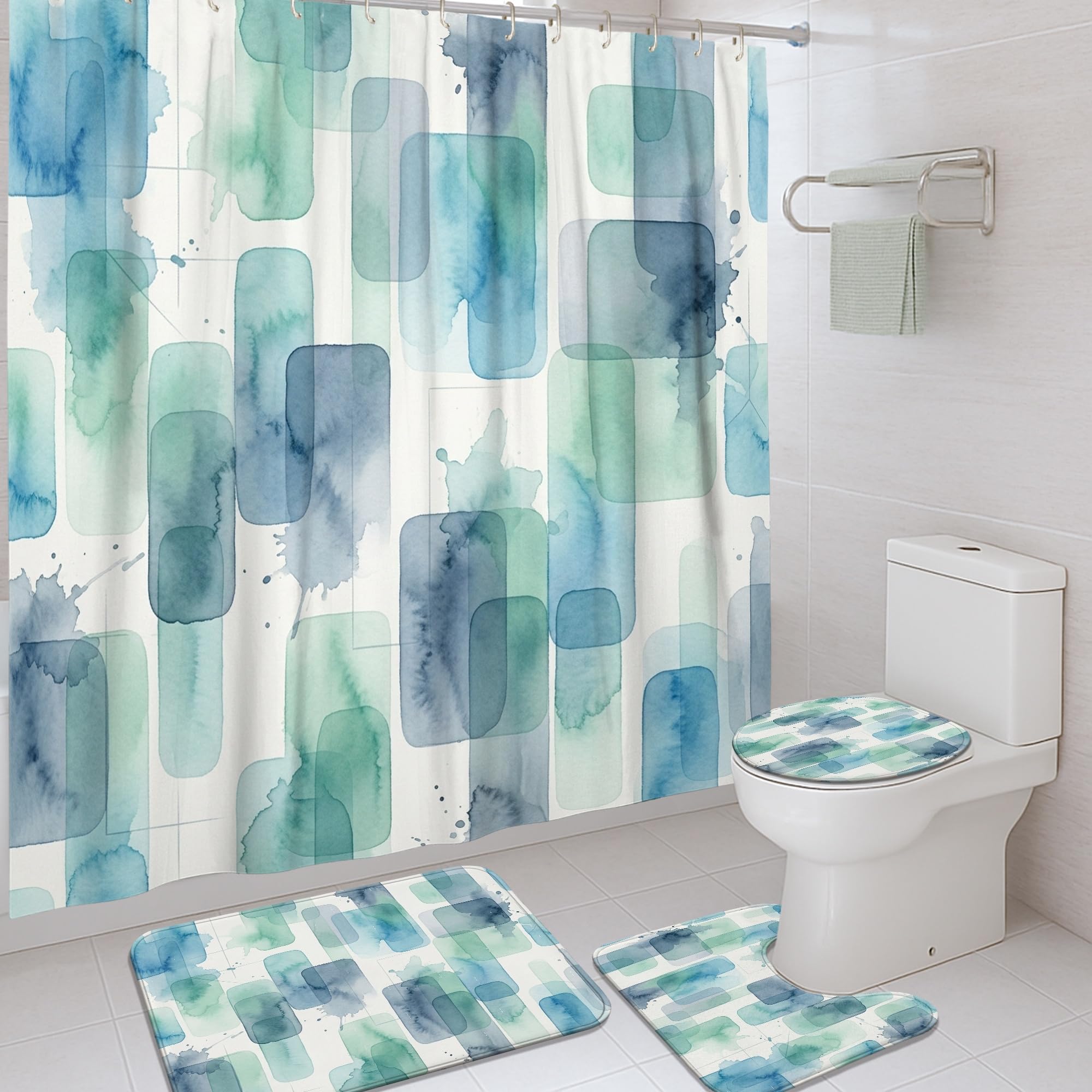 Rideau de douche imperméable avec tapis aquarelle bleu