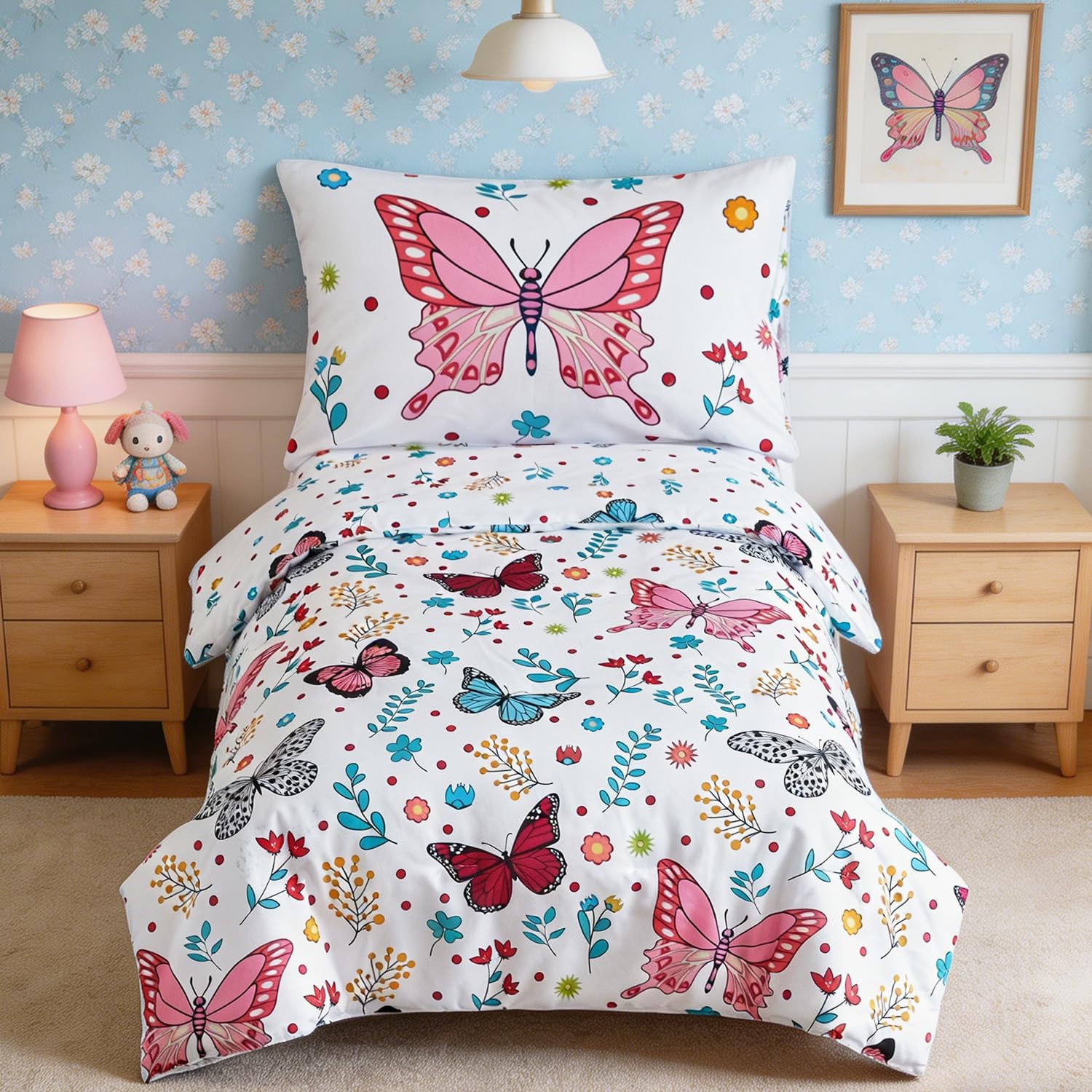 PERFEMET 4-Piece Girls Butterfly Bedding in Pink Floral - Reversible Colorful Flower Toddler Bed Comforter Set for All Season (White, Butterfly)