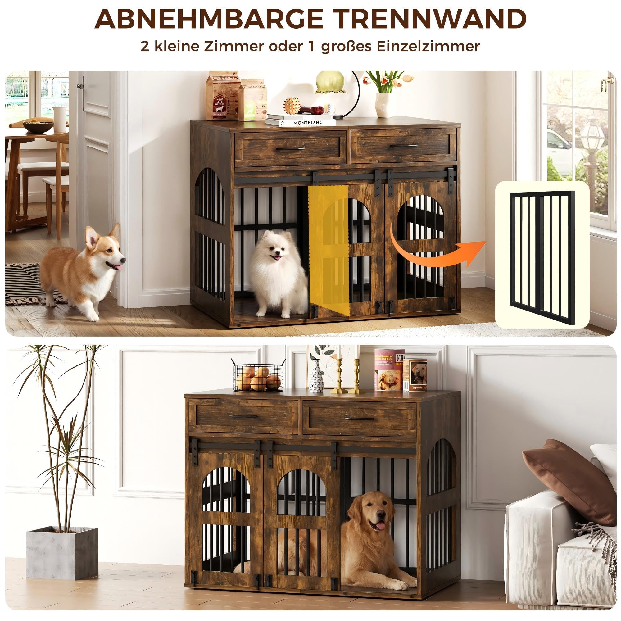 IRONCK Hundekäfig Möbel Hundebox für Zuhause mit 2 Schublade Türen Trennwand, Hundebox Holz Indoor für 2 kleine/mittlere/1 große Hunde, Beistelltisch mit Scheunentür, 106x68x88cm (Vintagebraun)