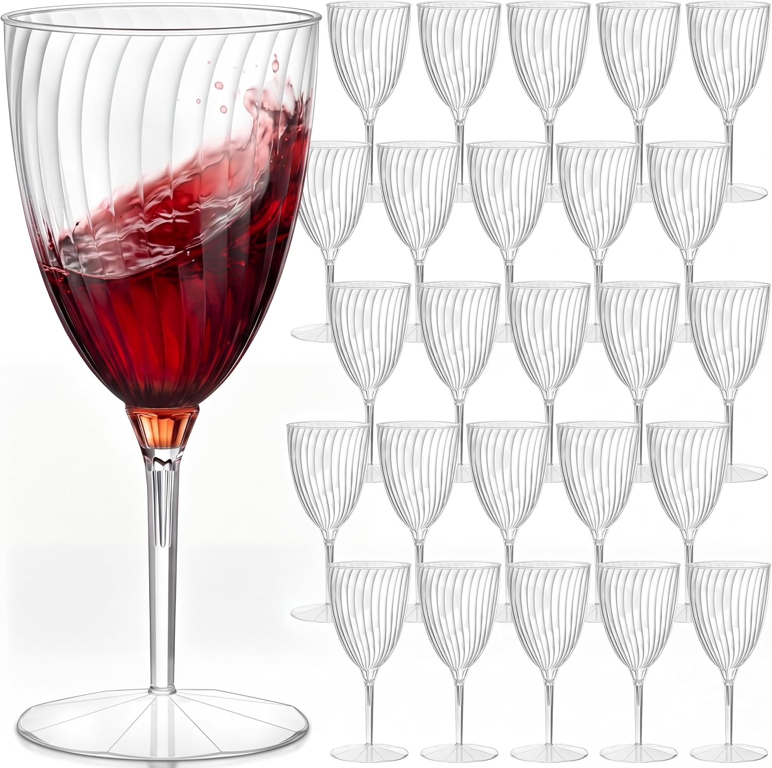 Sliner 24 Pack Plastic Champagne Flutes Disposable, 8 oz Ribbed Stemmed Toasting Glasses, Shatterproof Clear Champagne Cups for Wedding, Bridal Shower, Mimosa Bar