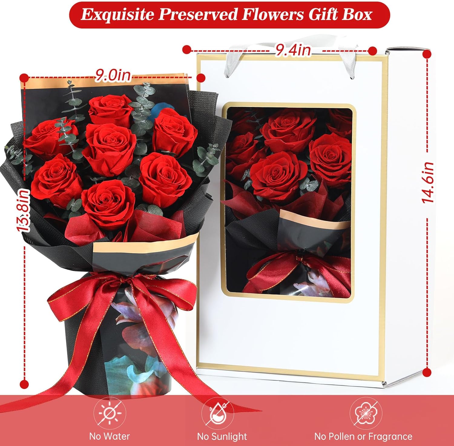 Preserved Flowers Bouquet 7 Roses, Forever Flower for Delivery Birthday Anniversary Wedding, Eternal Real Roses Bouquets with Gifts Box for Women Wife Mother Day, Red - Image 4